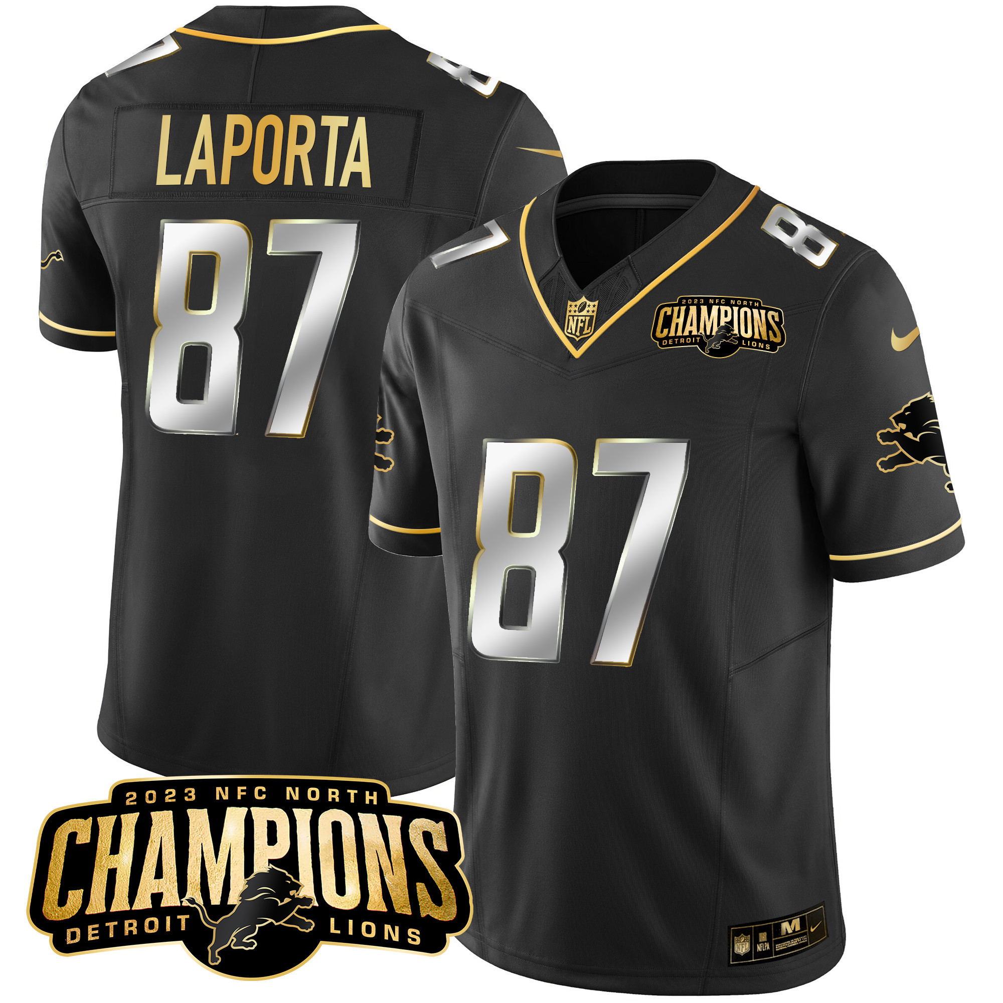 Sam Laporta Men's Detroit Lions 2023 NFC North Champions Patch Gold Vapor Black Limited Jersey - All Stitched 