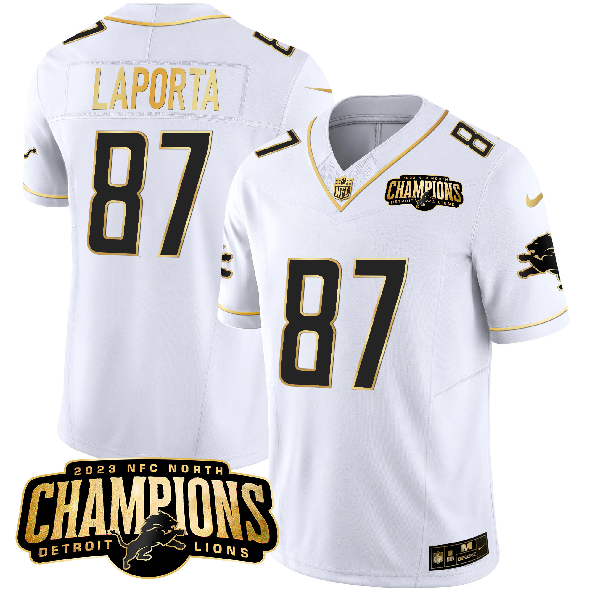 Sam Laporta Men's Detroit Lions 2023 NFC North Champions Patch Gold Vapor White Gold Jersey - All Stitched 