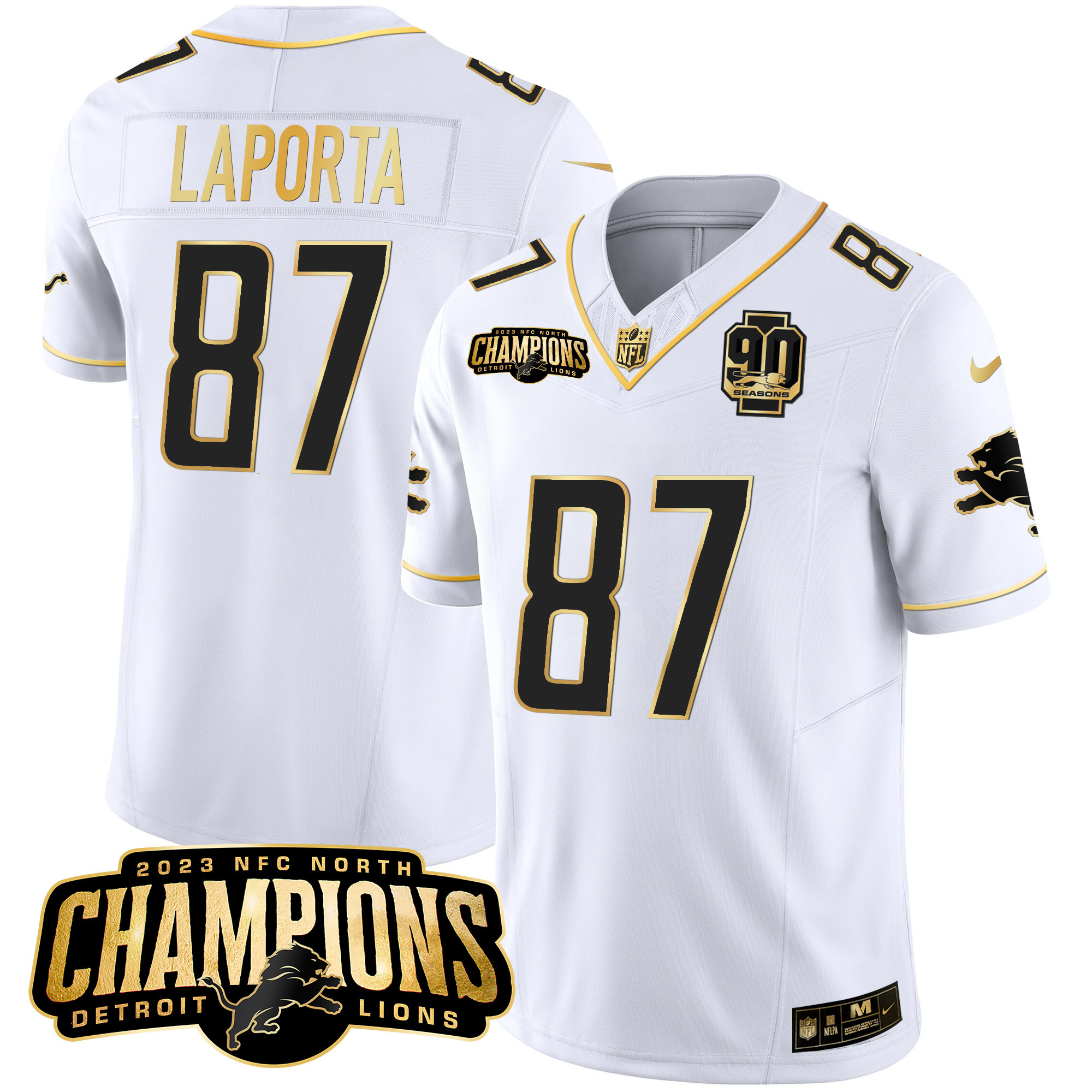 Sam Laporta Men's Detroit Lions 2023 NFC North Champions Patch Gold Vapor White Gold Jersey - All Stitched 