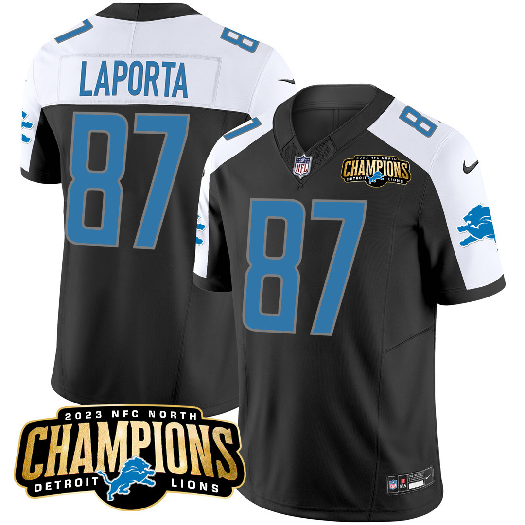 Sam Laporta Men's Detroit Lions 2023 NFC North Champions Patch Vapor Black Alternate Jersey - All Stitched 