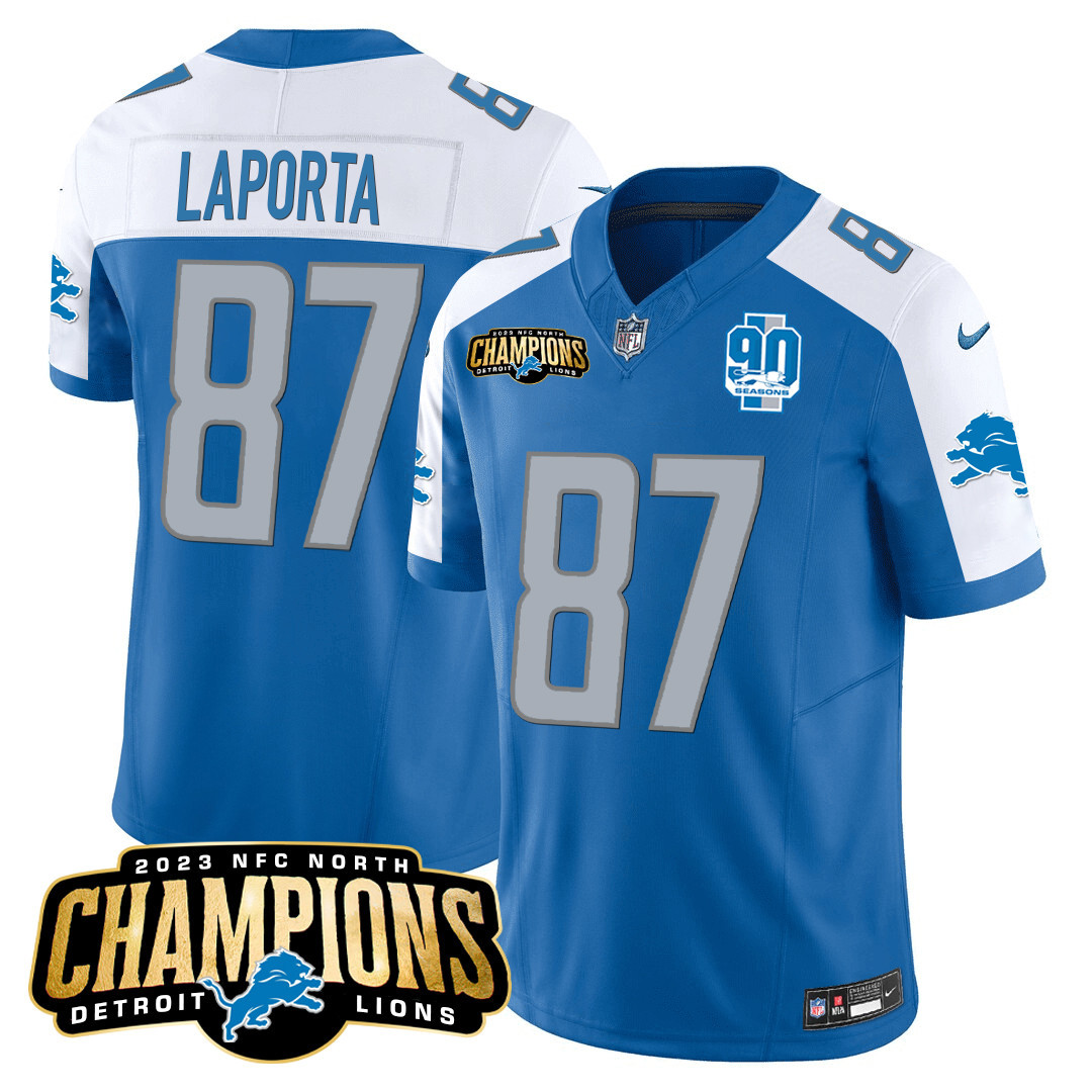Sam Laporta Men's Detroit Lions 2023 NFC North Champions Patch Vapor Blue Alternate Jersey - All Stitched 