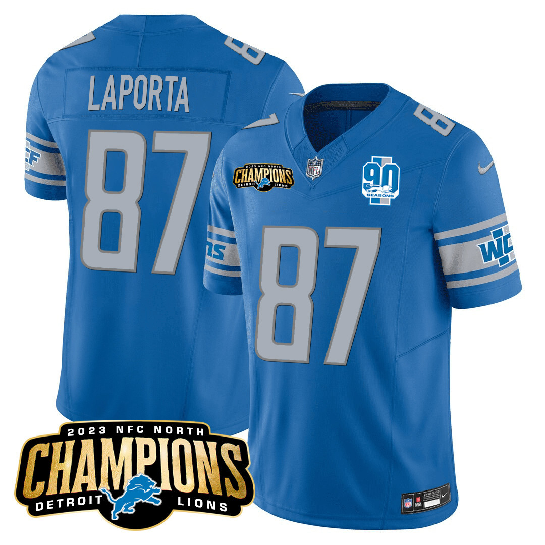 Sam Laporta Men's Detroit Lions 2023 NFC North Champions Patch Vapor Blue Jersey - All Stitched 