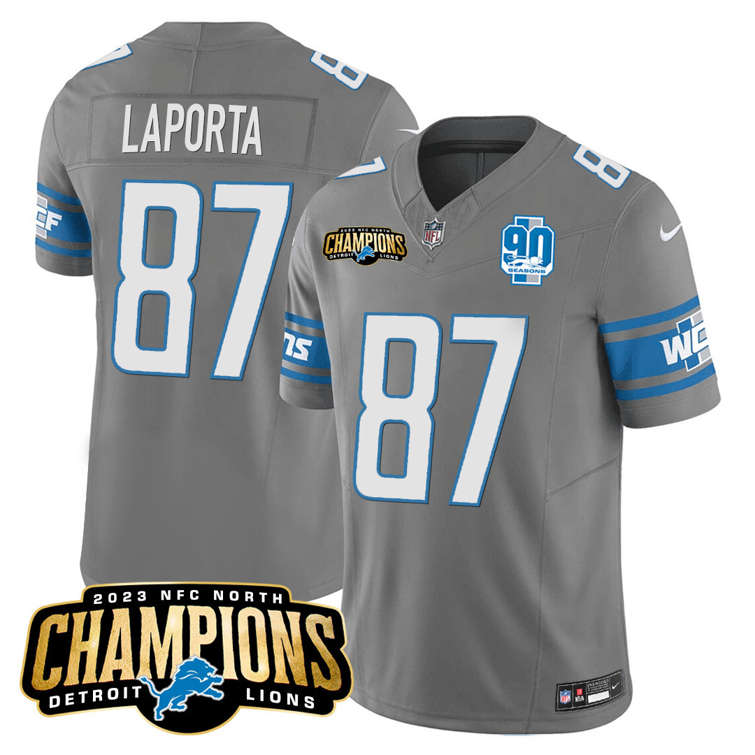 Sam Laporta Men's Detroit Lions 2023 NFC North Champions Patch Vapor Gray Jersey - All Stitched 
