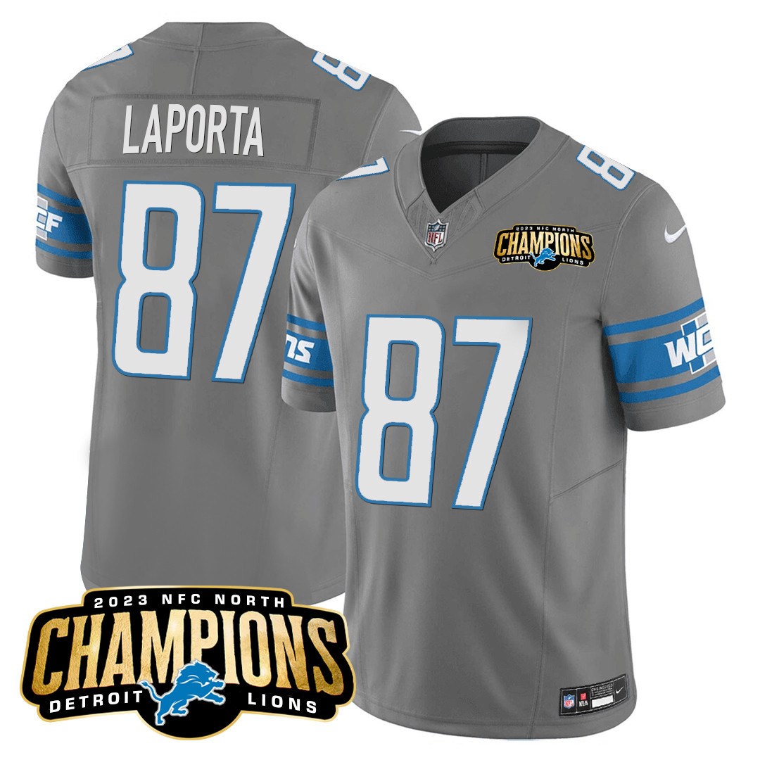 Sam Laporta Men's Detroit Lions 2023 NFC North Champions Patch Vapor Gray Jersey - All Stitched 