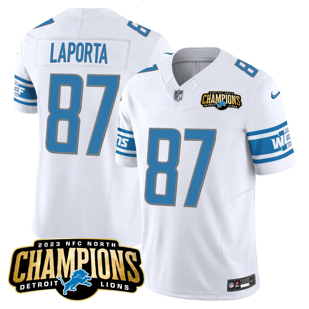 Sam Laporta Men's Detroit Lions 2023 NFC North Champions Patch Vapor White Jersey - All Stitched 