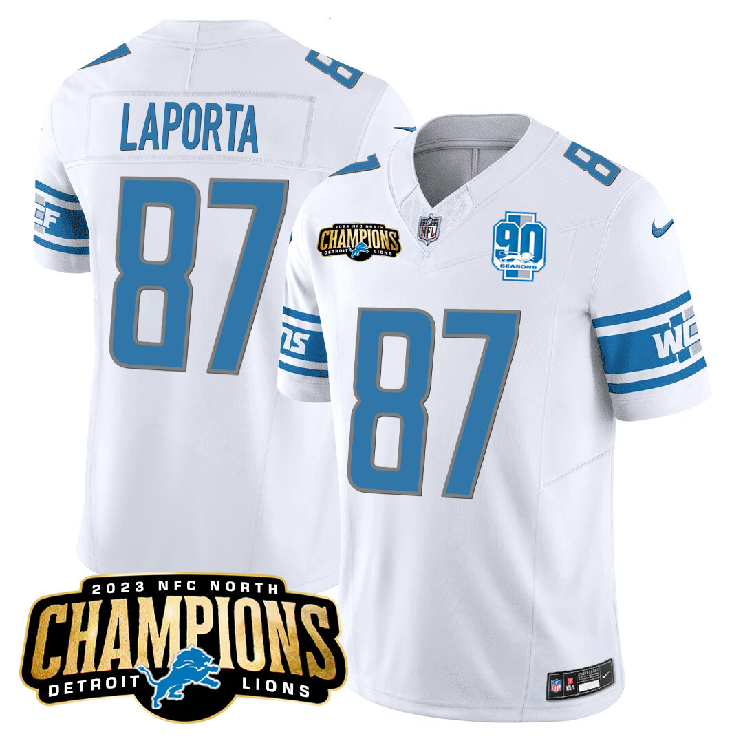Sam Laporta Men's Detroit Lions 2023 NFC North Champions Patch Vapor White Jersey - All Stitched 