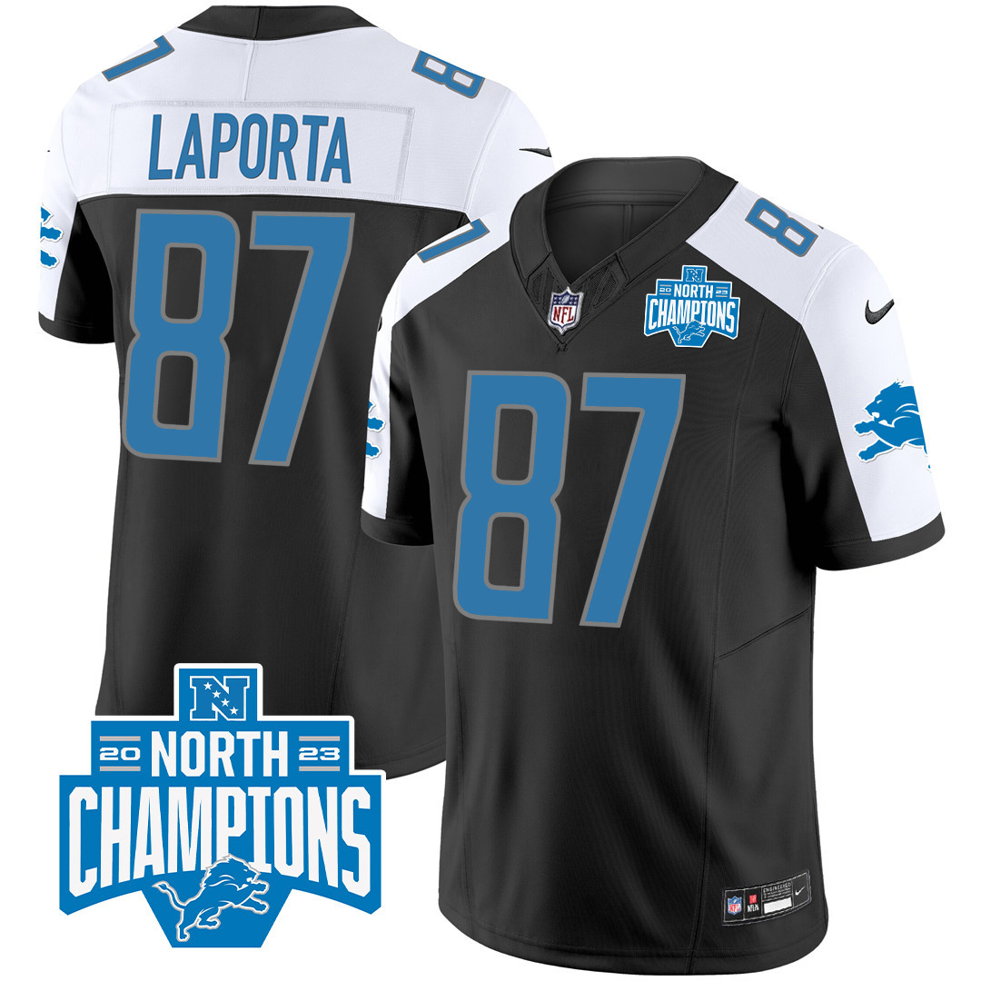 Sam Laporta Men's Detroit Lions 2023 NFC North Division Champions Patch Vapor Black Alternate Jersey - All Stitched 