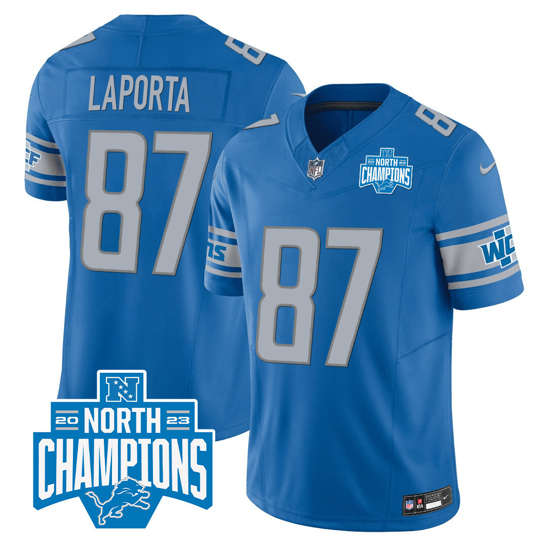 Sam Laporta Men's Detroit Lions 2023 NFC North Division Champions Patch Vapor Blue Jersey - All Stitched 