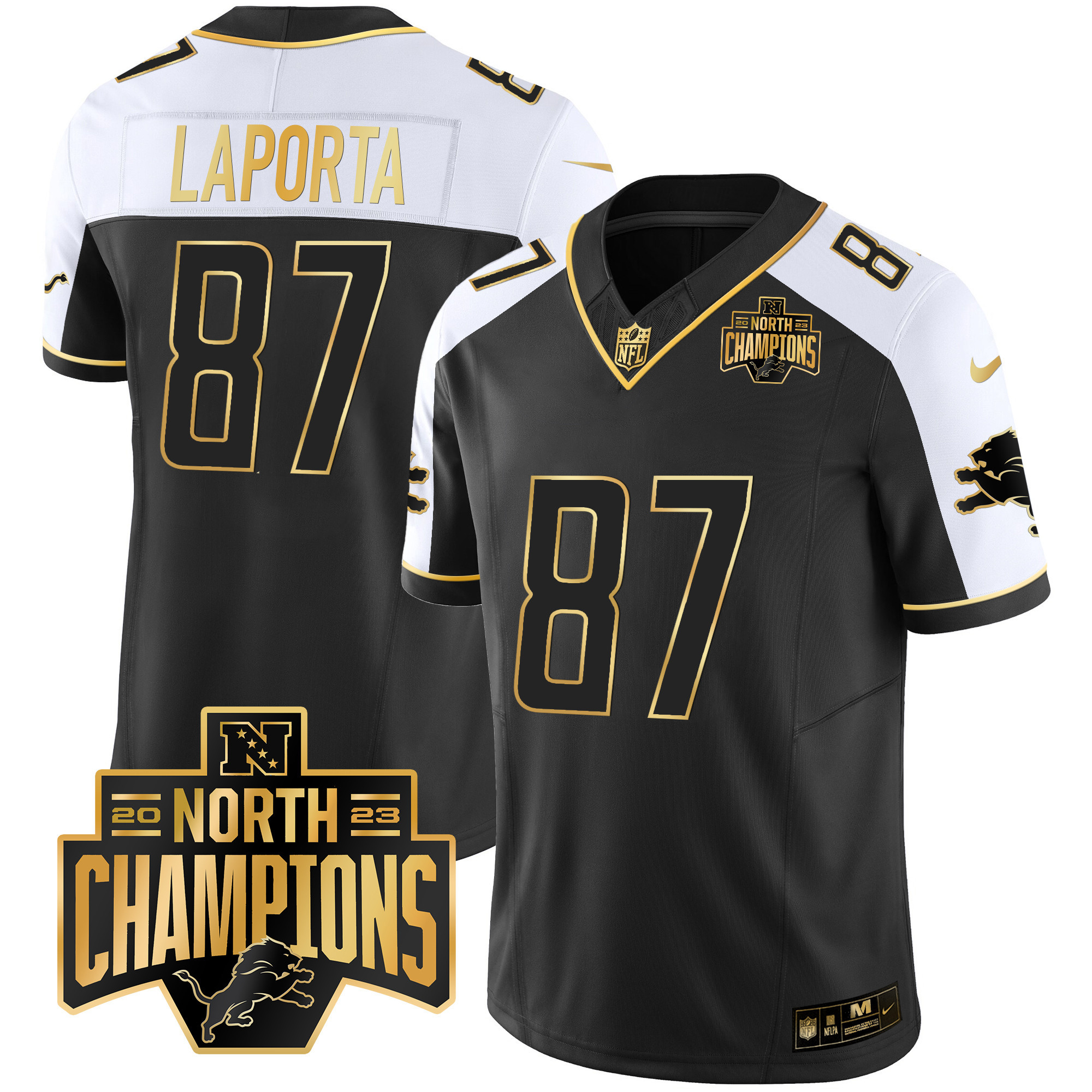 Sam Laporta Men's Detroit Lions 2023 NFC North Division Champions Patch Vapor Gold Alternate Jersey - All Stitched 