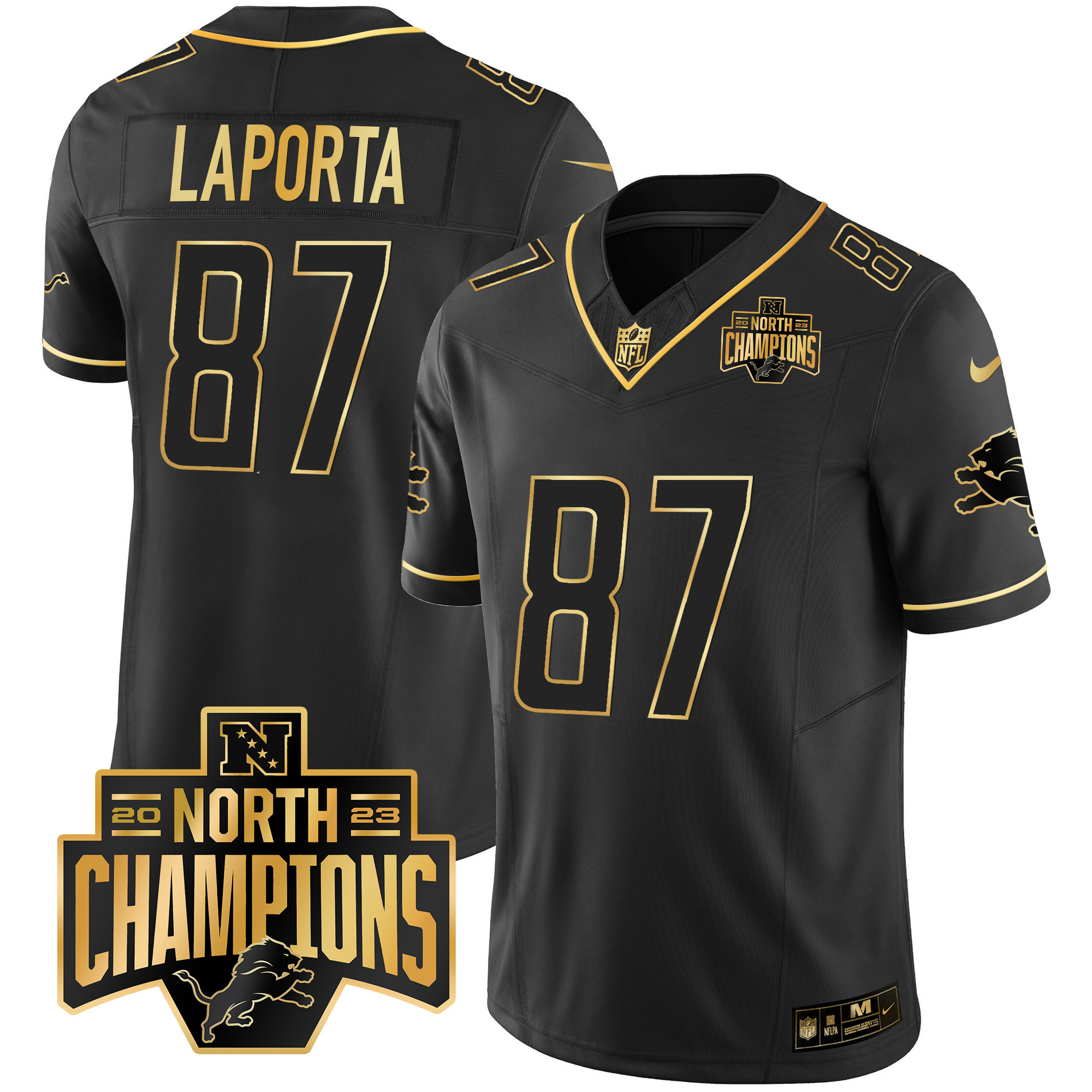 Sam Laporta Men's Detroit Lions 2023 NFC North Division Champions Patch Vapor Gold Black Gold Jersey - All Stitched 