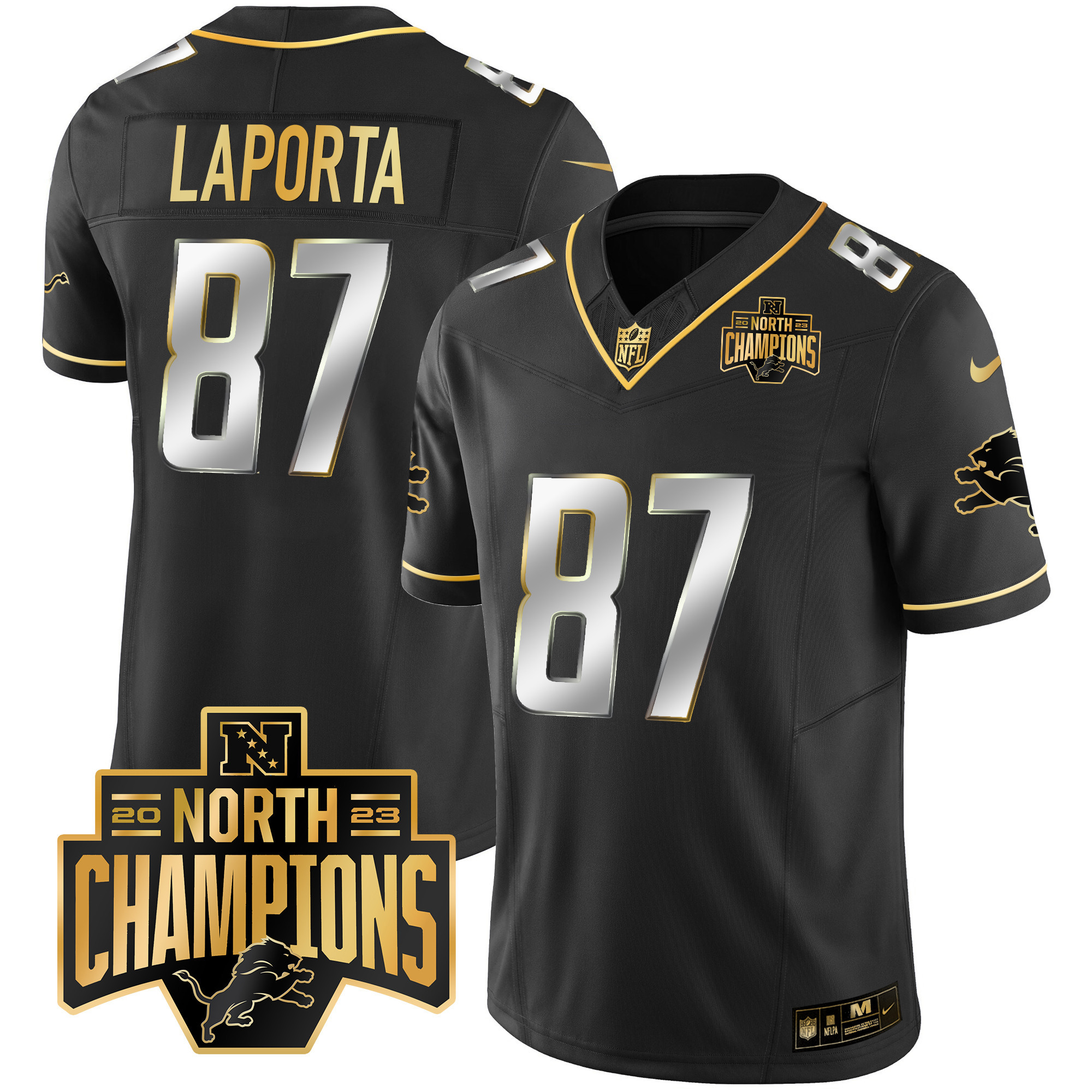 Sam Laporta Men's Detroit Lions 2023 NFC North Division Champions Patch Vapor Gold Black Limited Jersey - All Stitched 