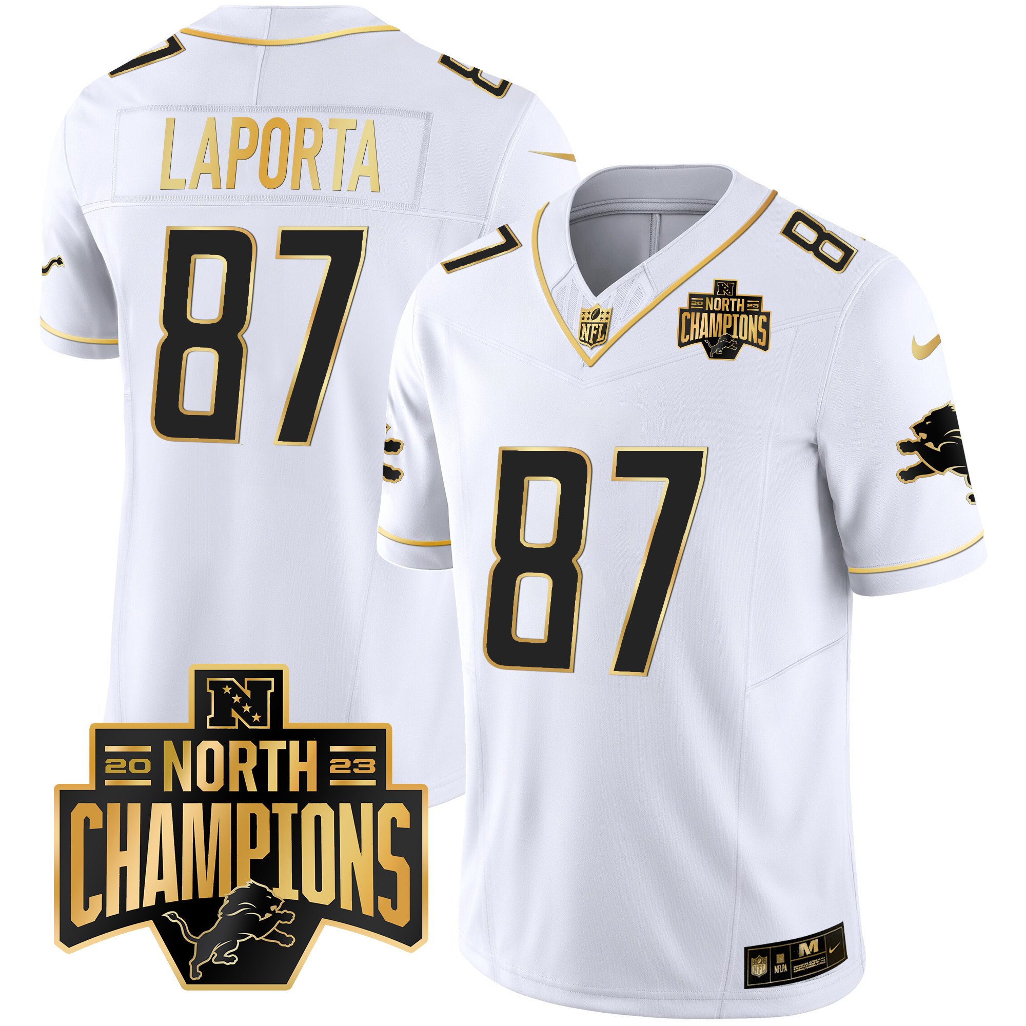 Sam Laporta Men's Detroit Lions 2023 NFC North Division Champions Patch Vapor Gold White Gold Jersey - All Stitched 