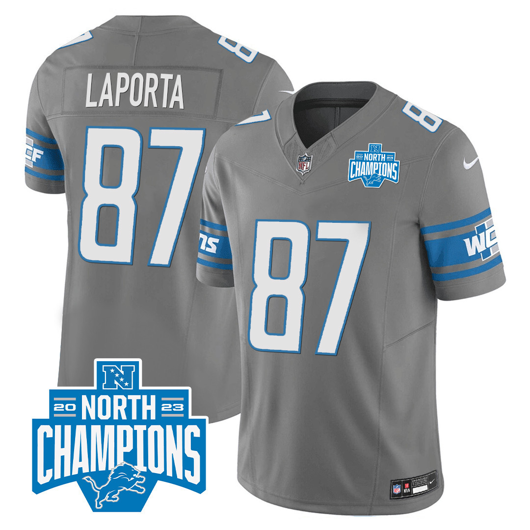 Sam Laporta Men's Detroit Lions 2023 NFC North Division Champions Patch Vapor Gray Jersey - All Stitched 
