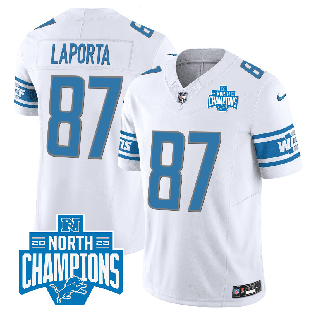 Sam Laporta Men's Detroit Lions 2023 NFC North Division Champions Patch Vapor White Jersey - All Stitched 