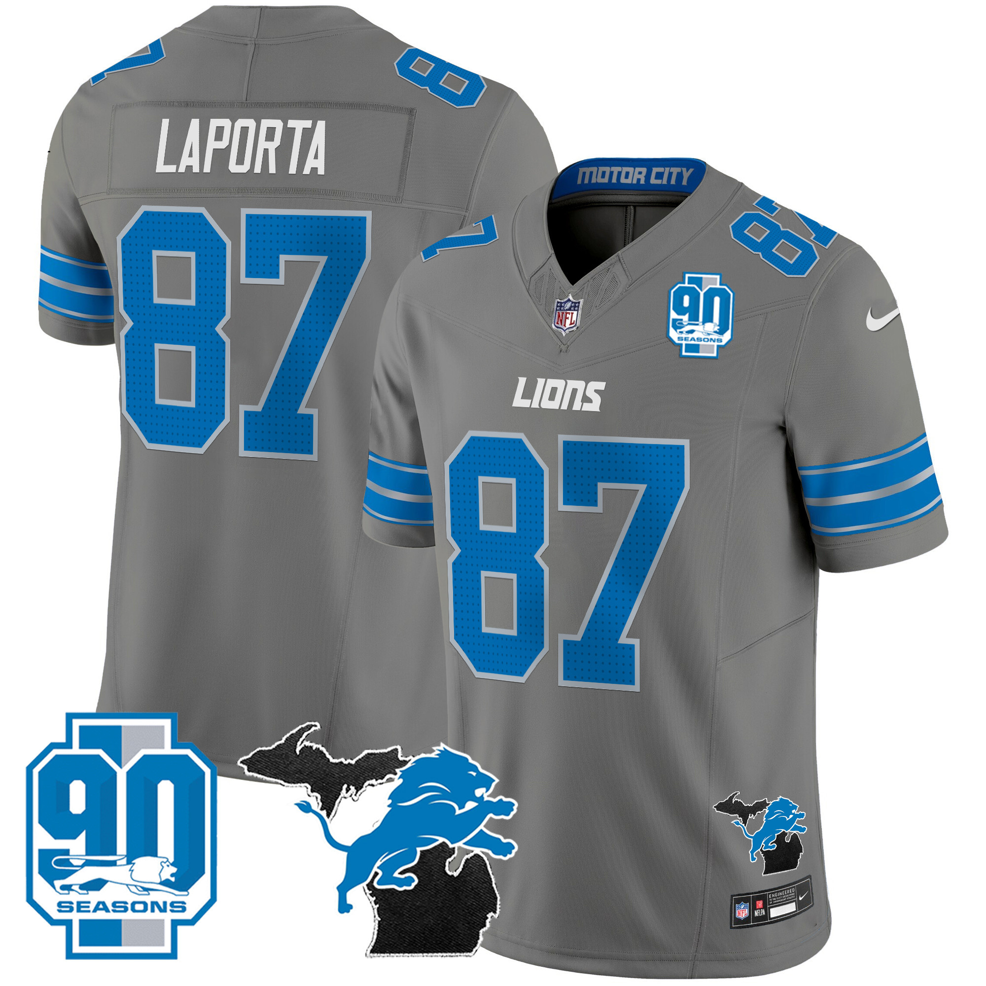 Sam Laporta Men's Detroit Lions 2024 Michigan & 90th Year Patch Vapor Gray Jersey - All Stitched 