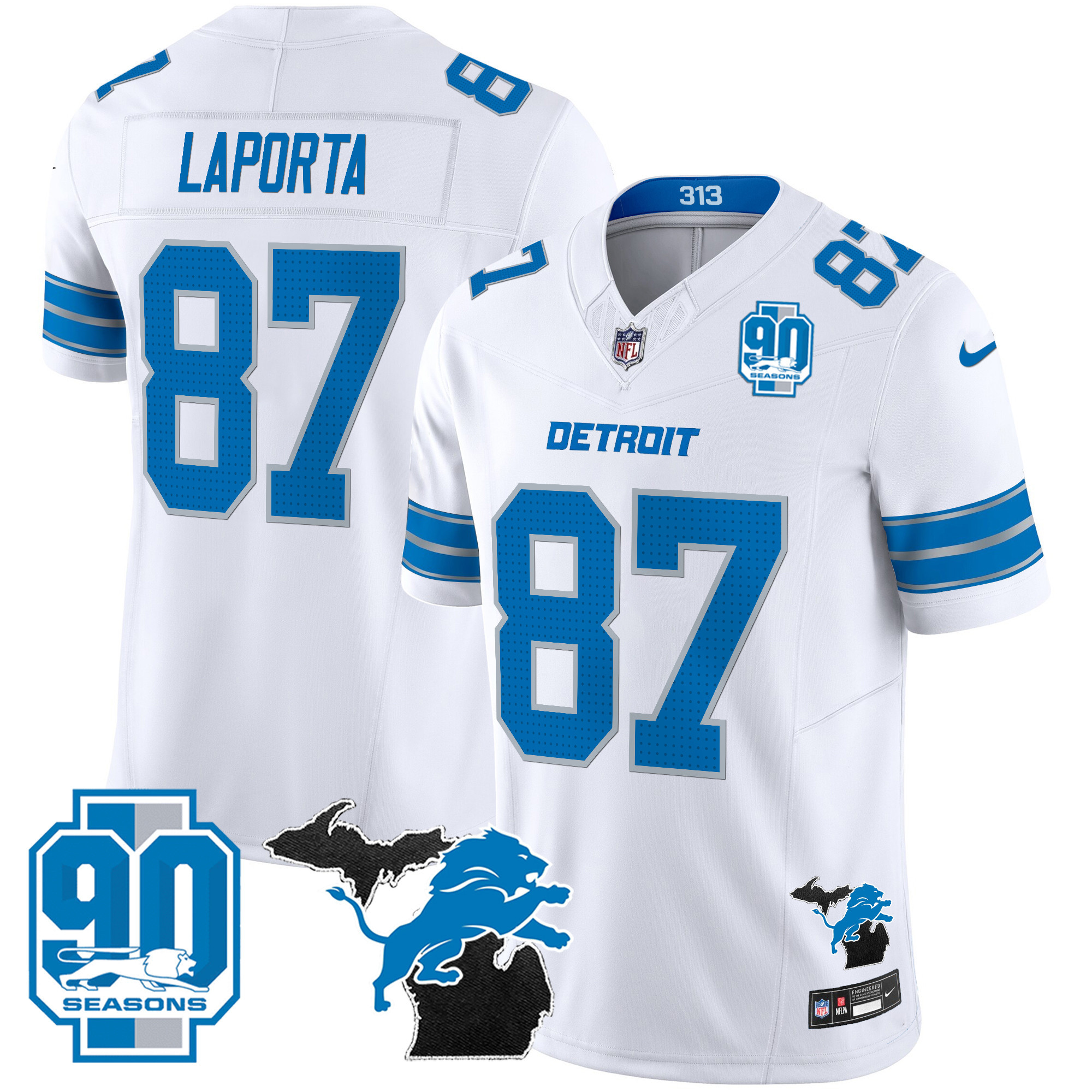 Sam Laporta Men's Detroit Lions 2024 Michigan & 90th Year Patch Vapor White Jersey - All Stitched 