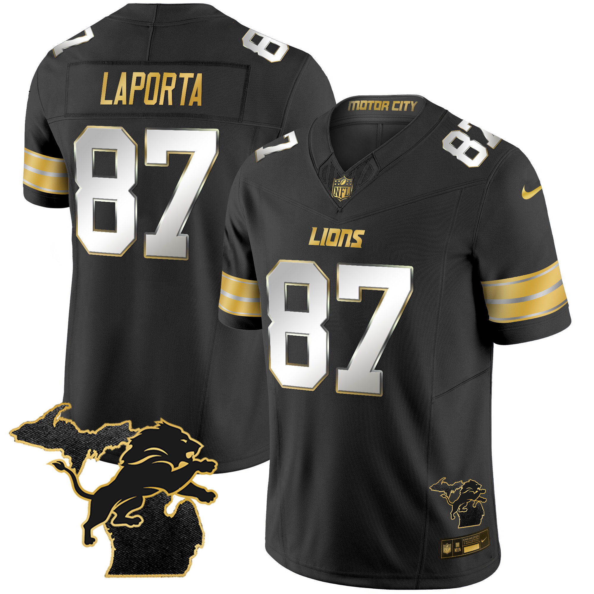 Sam Laporta Men's Detroit Lions 2024 Michigan Patch Gold Vapor Black Limited Jersey - All Stitched 