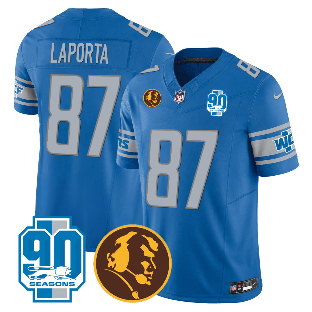 Sam Laporta Men's Detroit Lions 90th & John Madden Patch Blue Jersey - All Stitched 
