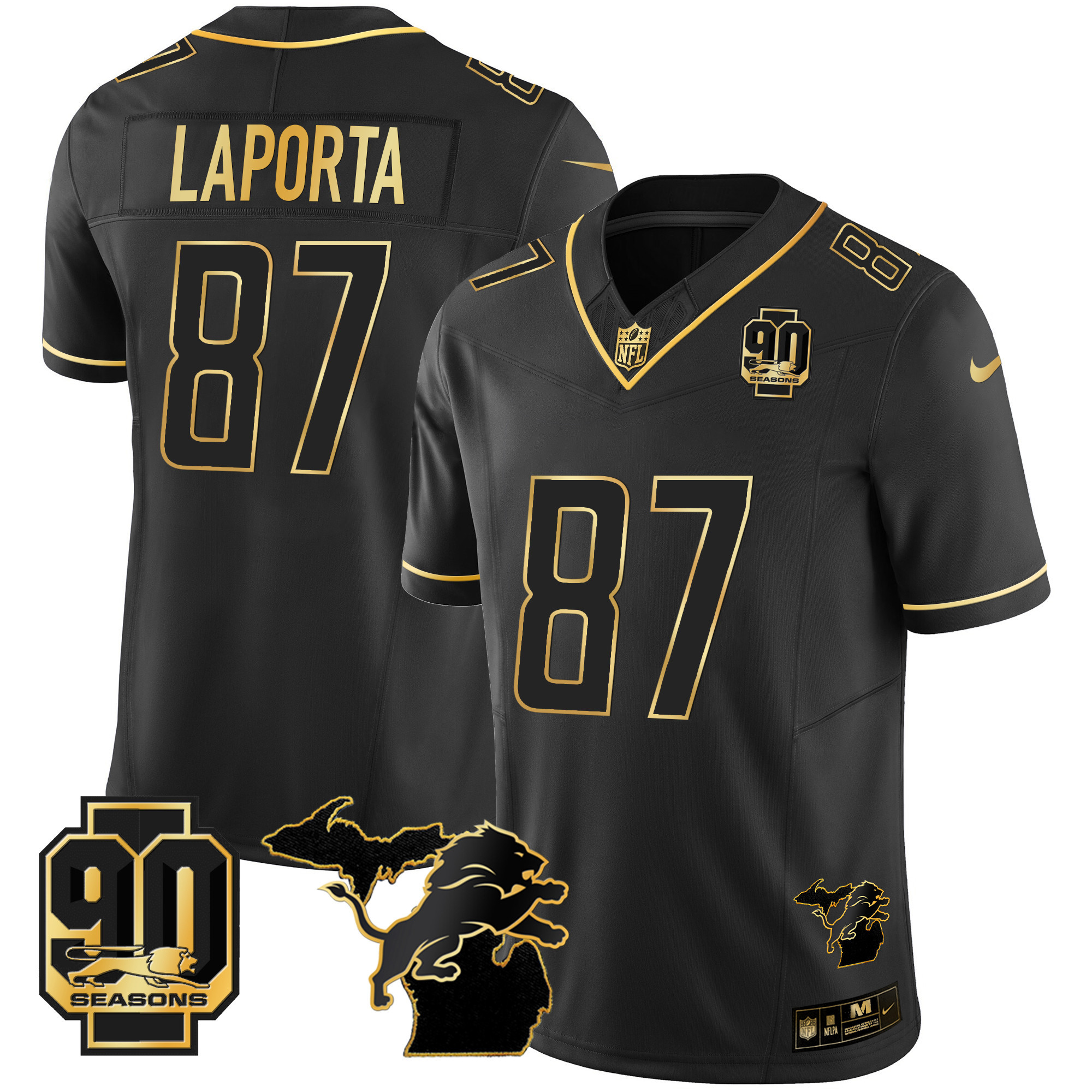 Sam Laporta Men's Detroit Lions 90th Year & Michigan Patch Gold Vapor Black Gold Jersey - All Stitched 
