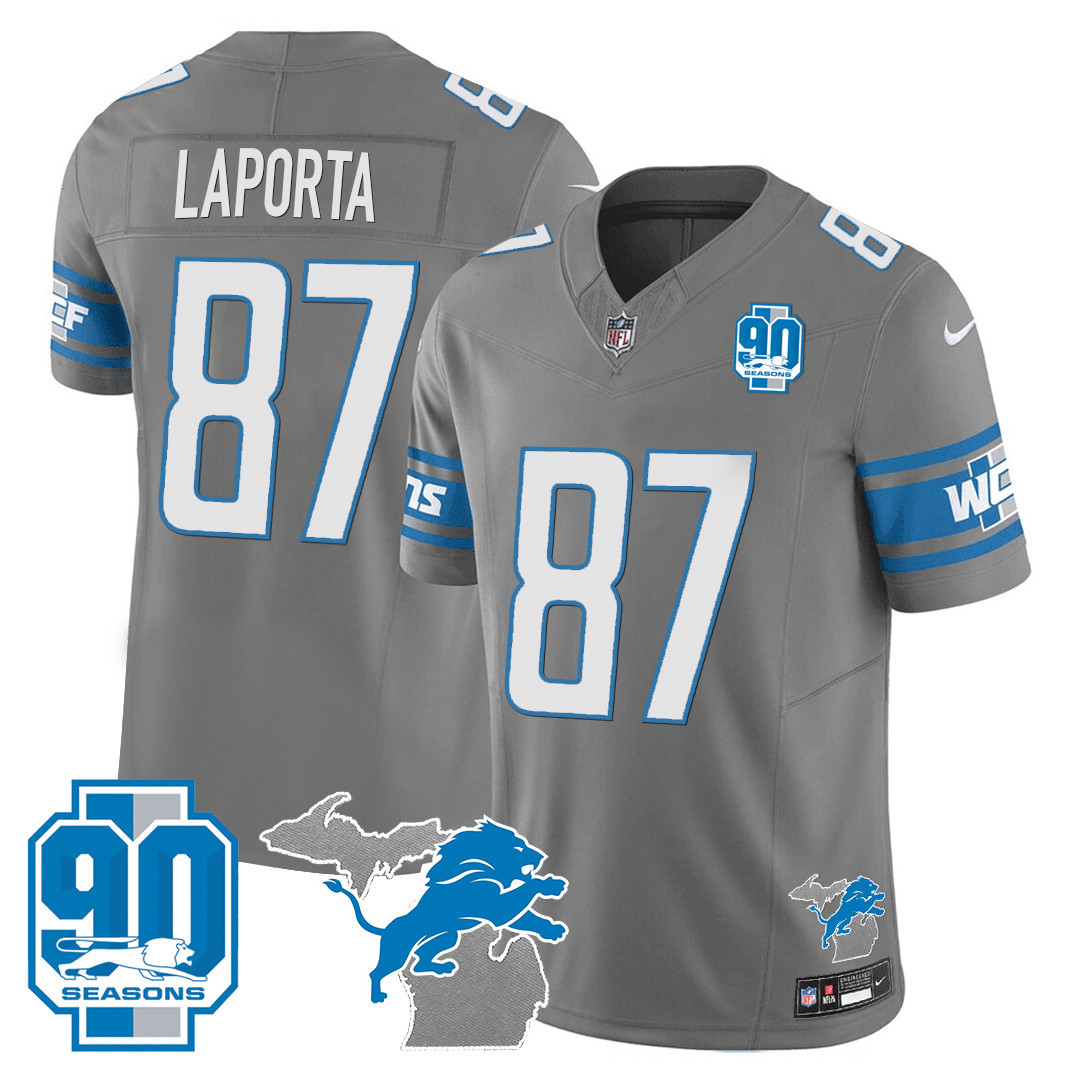 Sam Laporta Men's Detroit Lions 90th Year & Michigan Patch Vapor Gray Jersey - All Stitched 