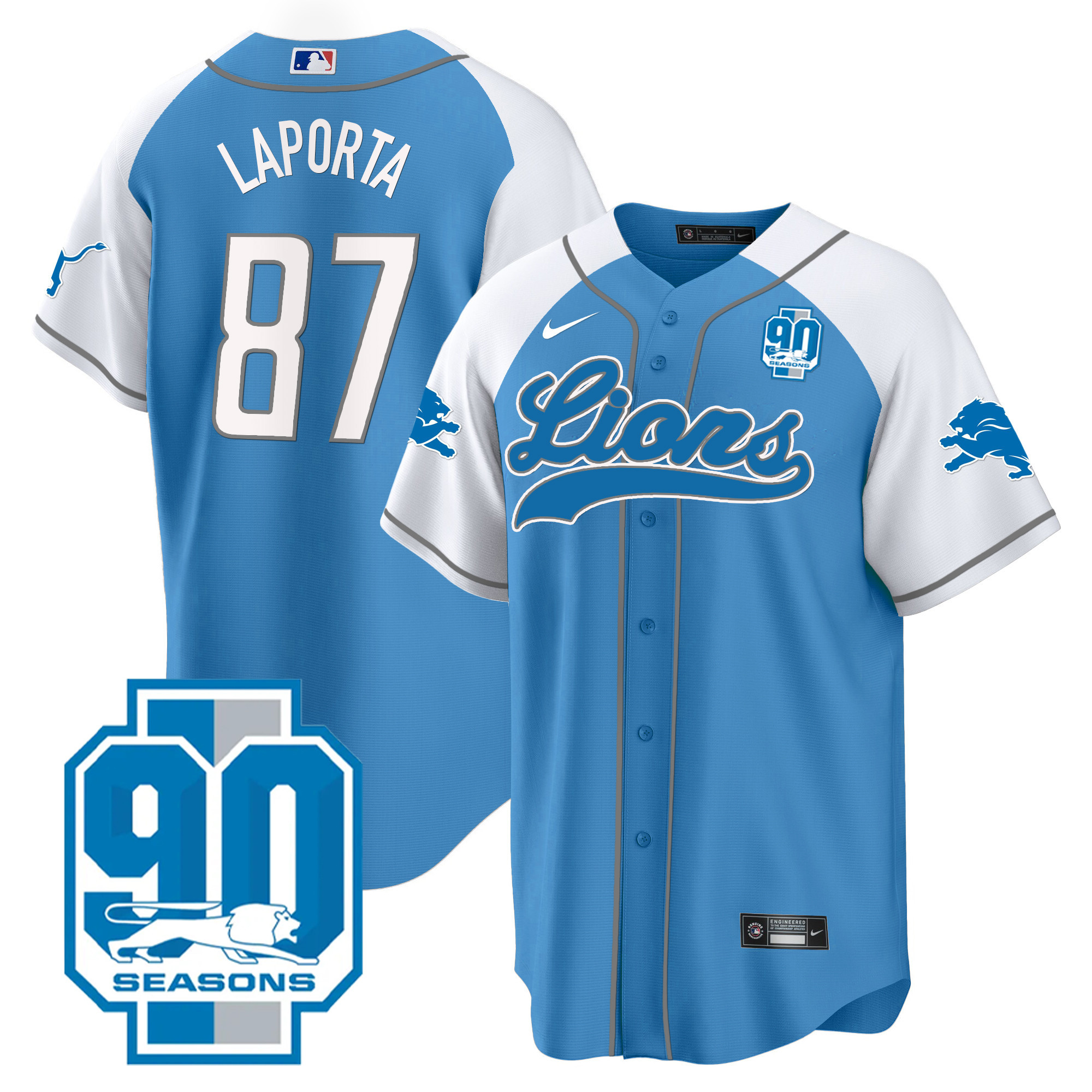 Sam Laporta Men's Detroit Lions 90th Year Patch Baseball Blue Alternate Jersey - All Stitched 
