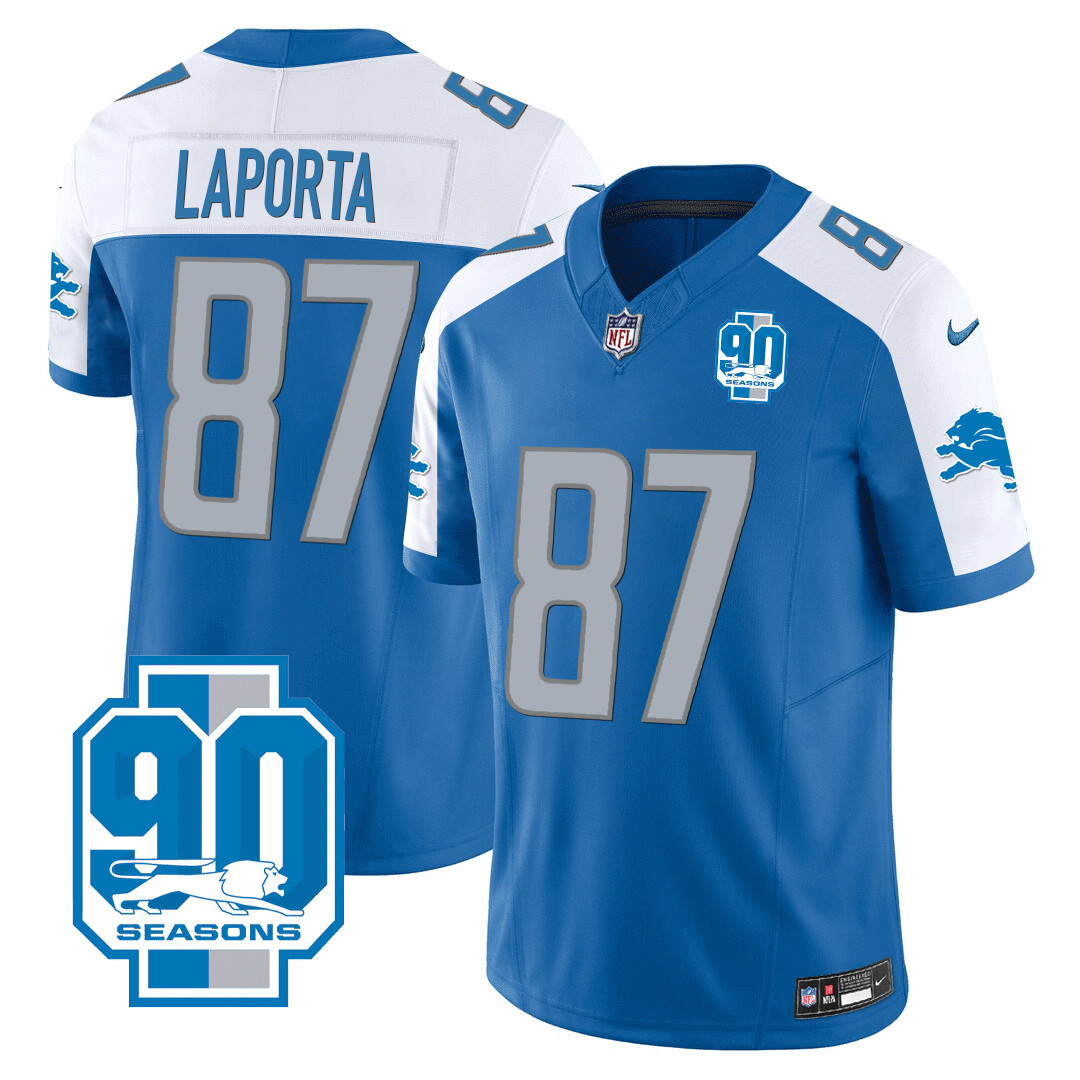 Sam Laporta Men's Detroit Lions 90th Year Patch Blue Alternate Jersey - All Stitched 