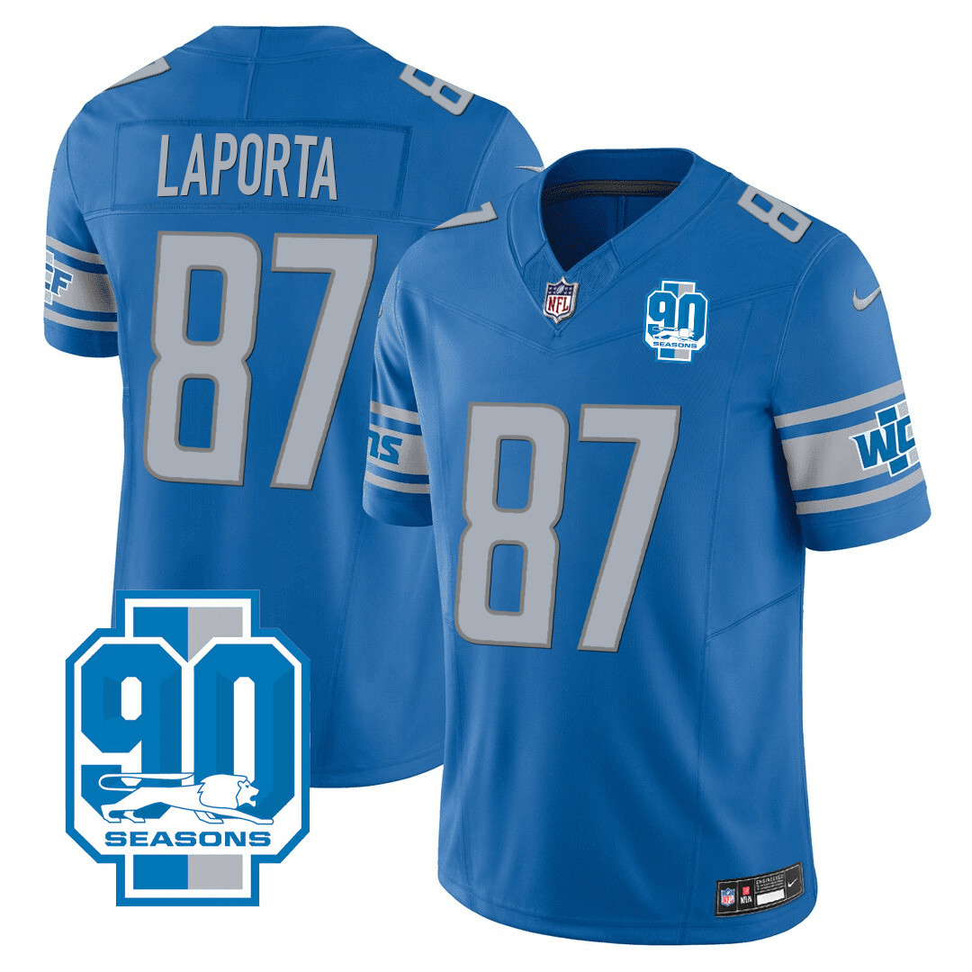 Sam Laporta Men's Detroit Lions 90th Year Patch Blue Jersey - All Stitched 