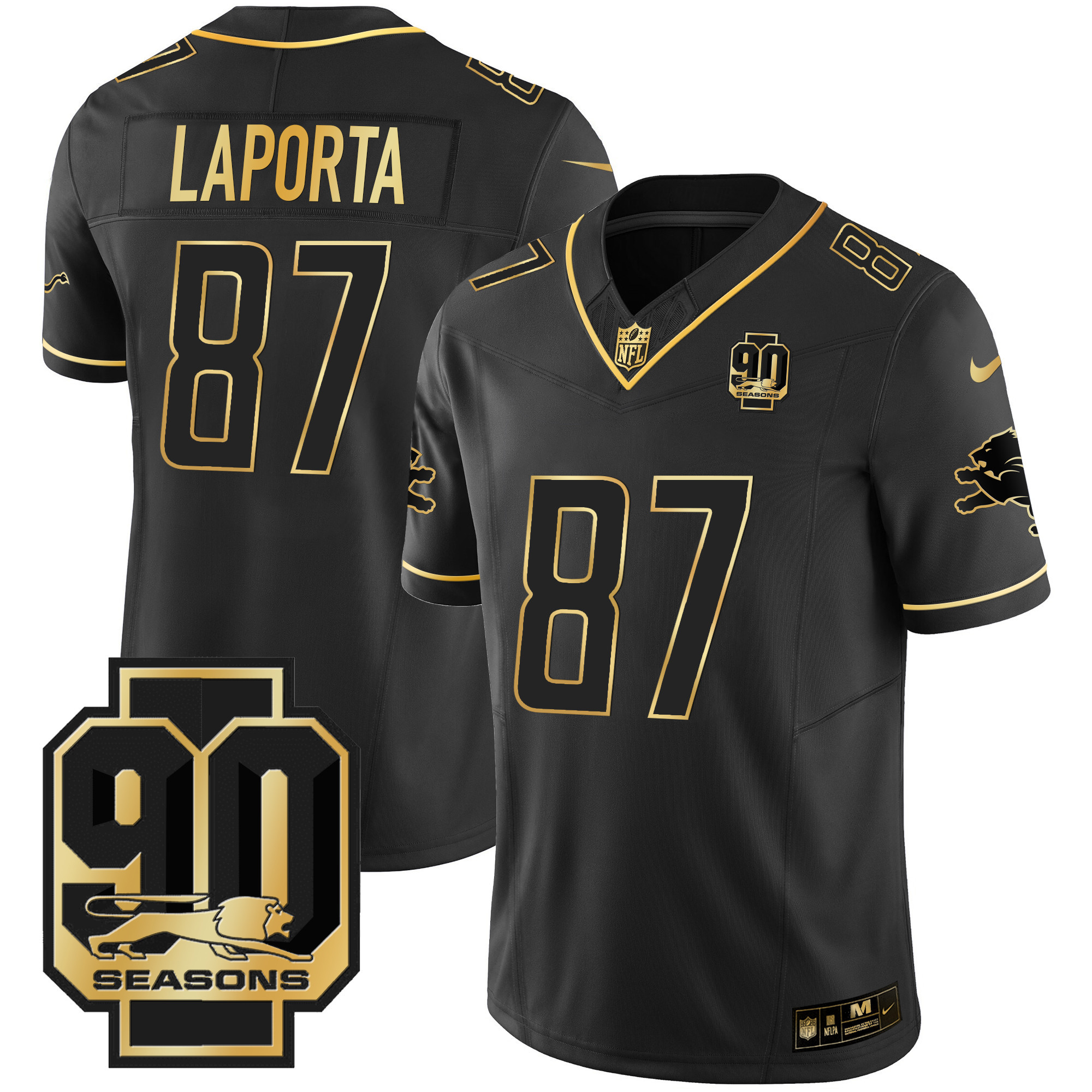 Sam Laporta Men's Detroit Lions 90th Year Patch Gold Black Gold Jersey - All Stitched 