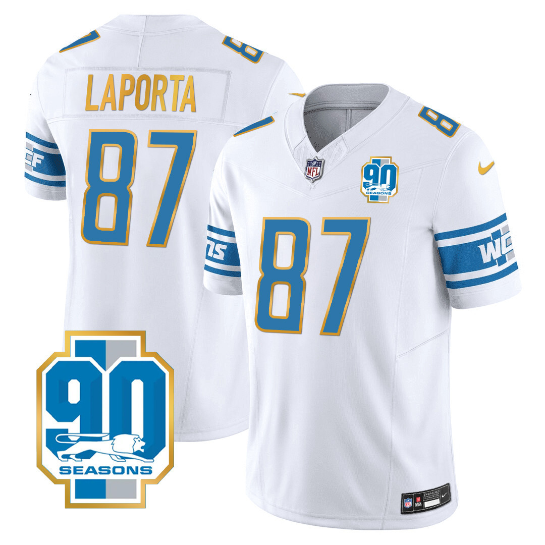 Sam Laporta Men's Detroit Lions 90th Year Patch Gold Trim White Jersey - All Stitched 
