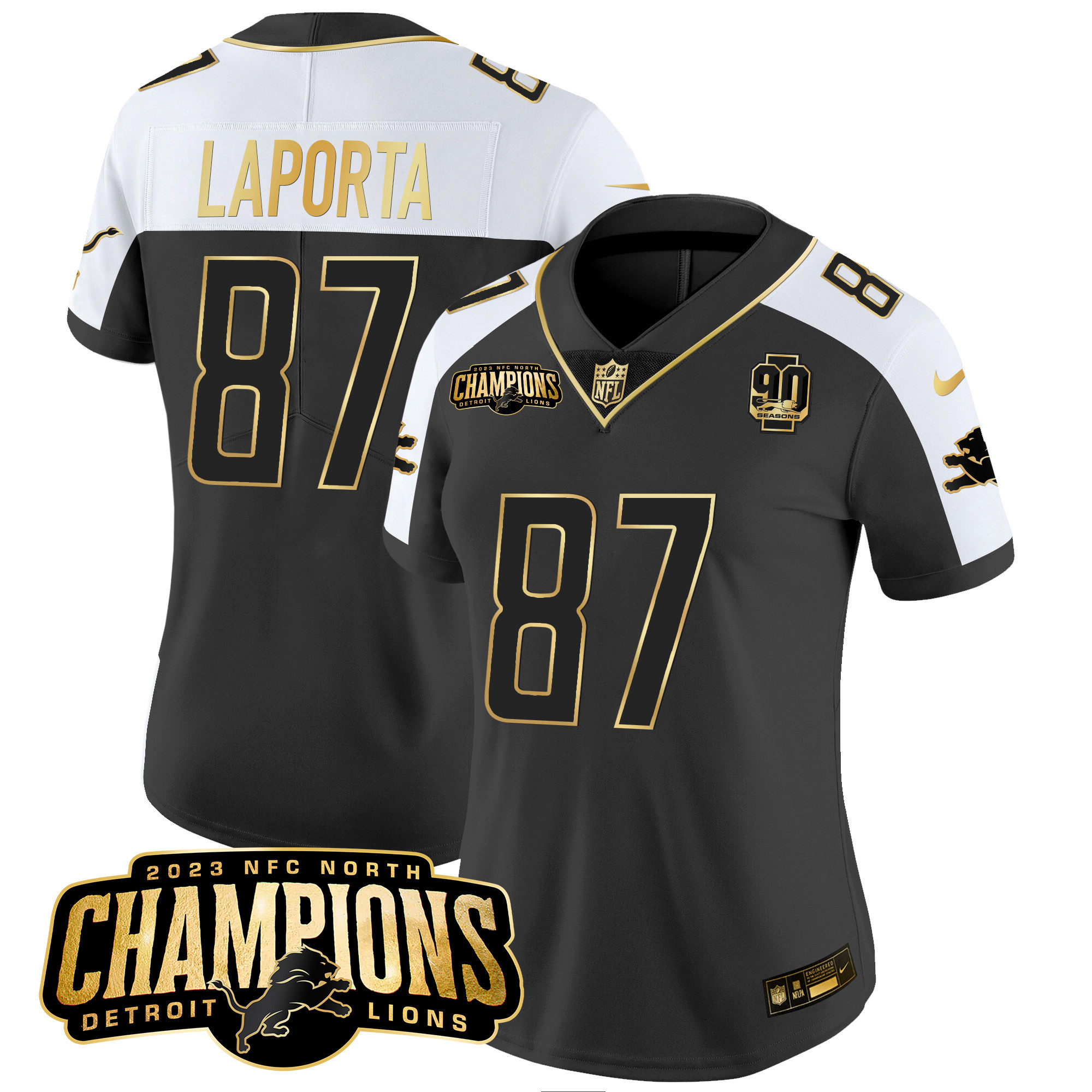 Sam Laporta Women's Detroit Lions 2023 NFC North Champions Patch Gold Vapor Alternate Jersey - All Stitched 