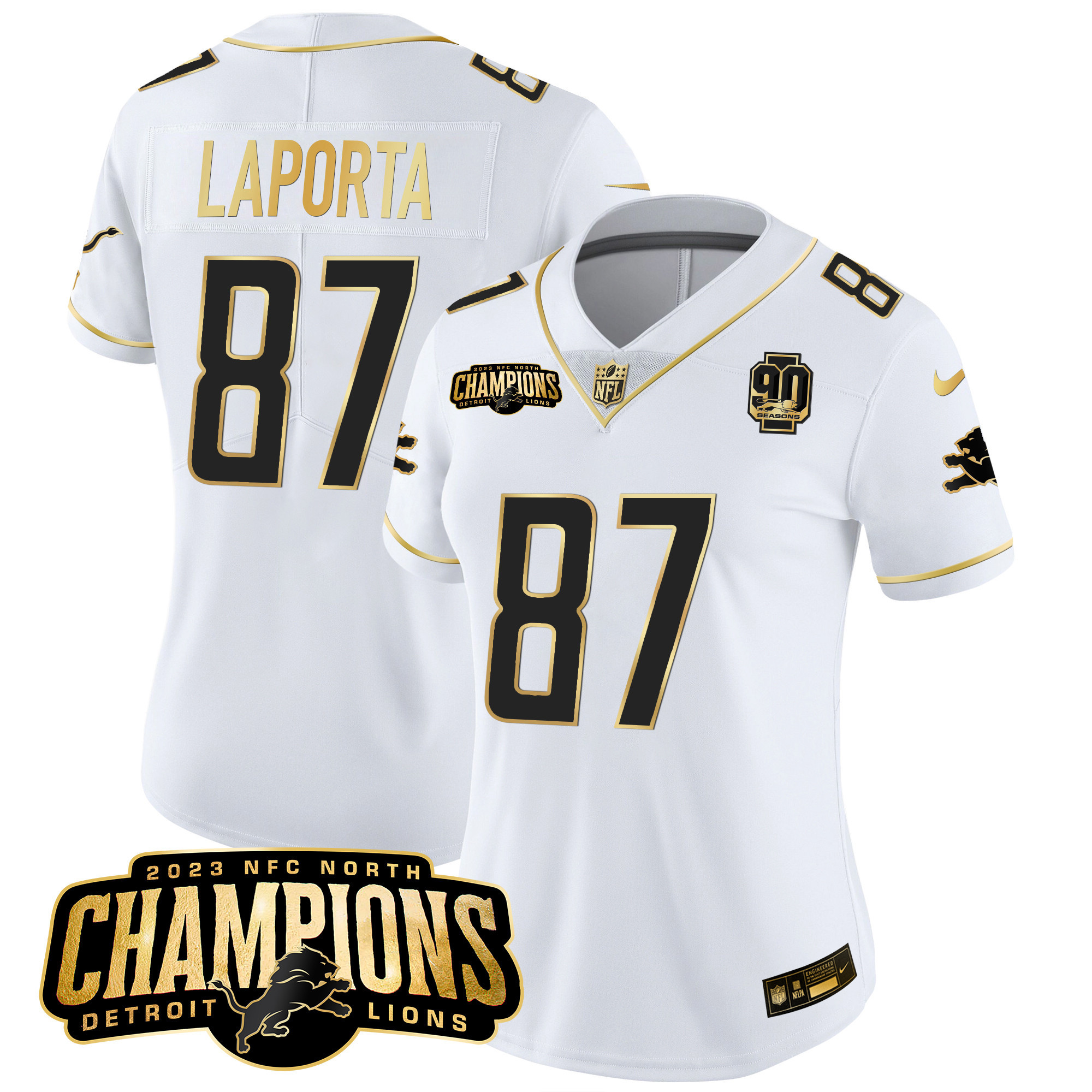 Sam Laporta Women's Detroit Lions 2023 NFC North Champions Patch Gold Vapor White Gold Jersey - All Stitched 