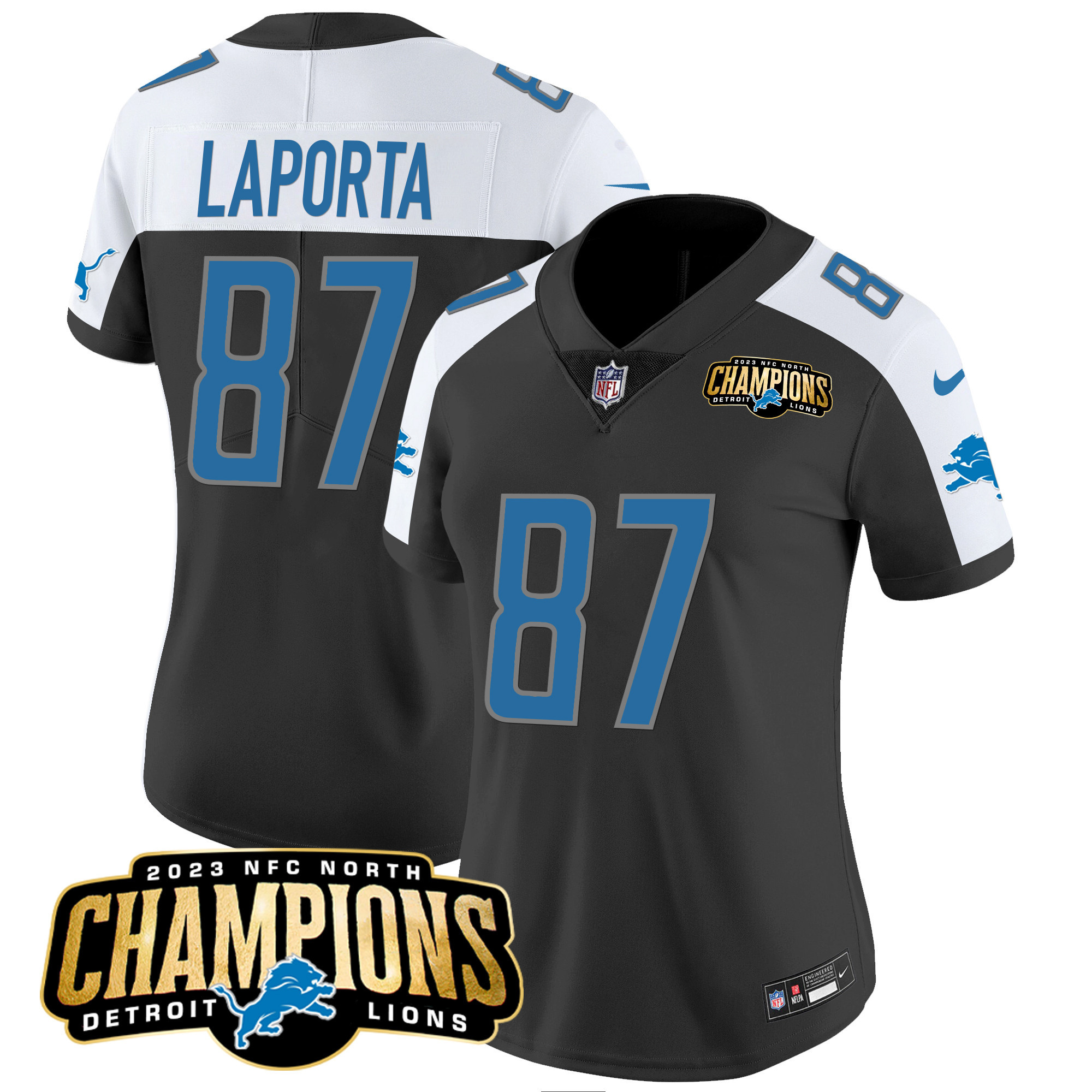 Sam Laporta Women's Detroit Lions 2023 NFC North Champions Patch Vapor Black Alternate Jersey - All Stitched 
