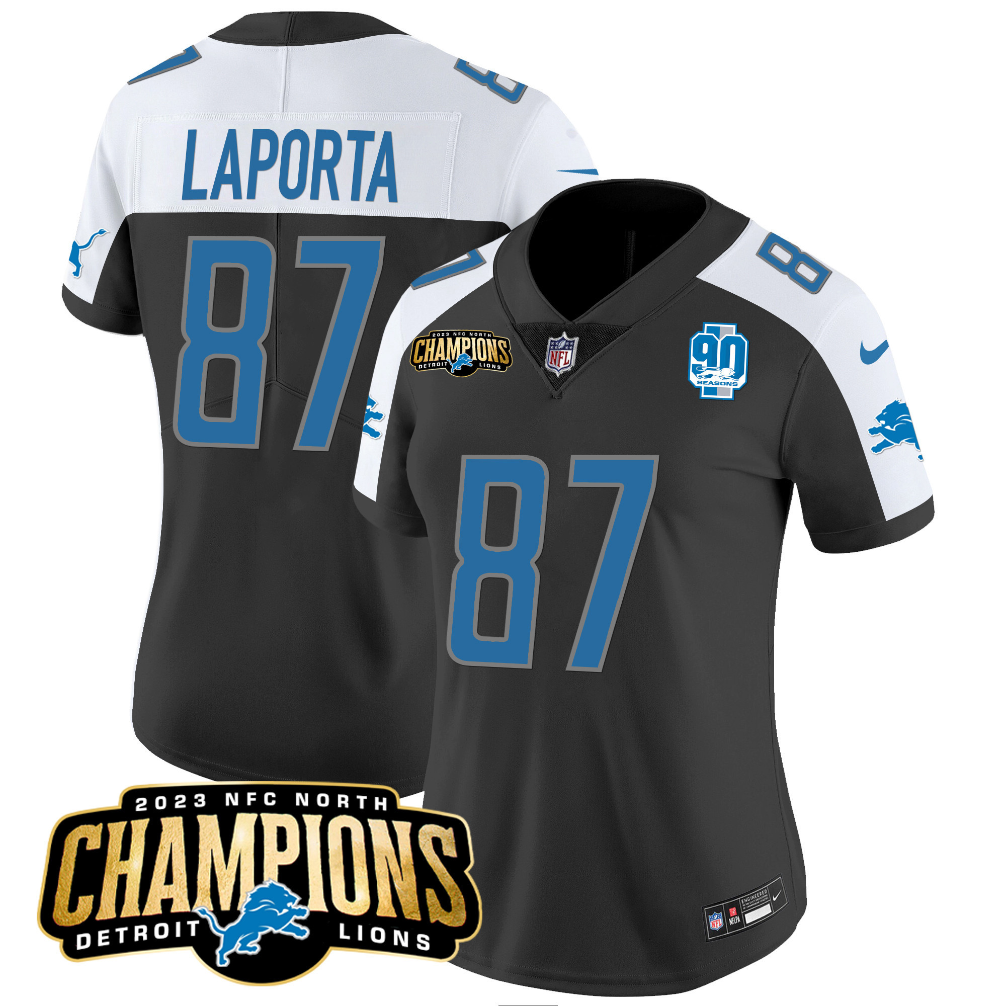 Sam Laporta Women's Detroit Lions 2023 NFC North Champions Patch Vapor Black Alternate Jersey - All Stitched 