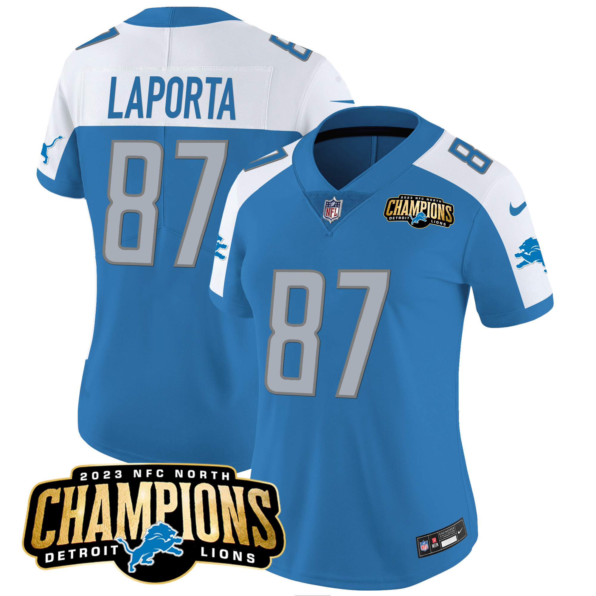 Sam Laporta Women's Detroit Lions 2023 NFC North Champions Patch Vapor Blue Alternate Jersey - All Stitched 