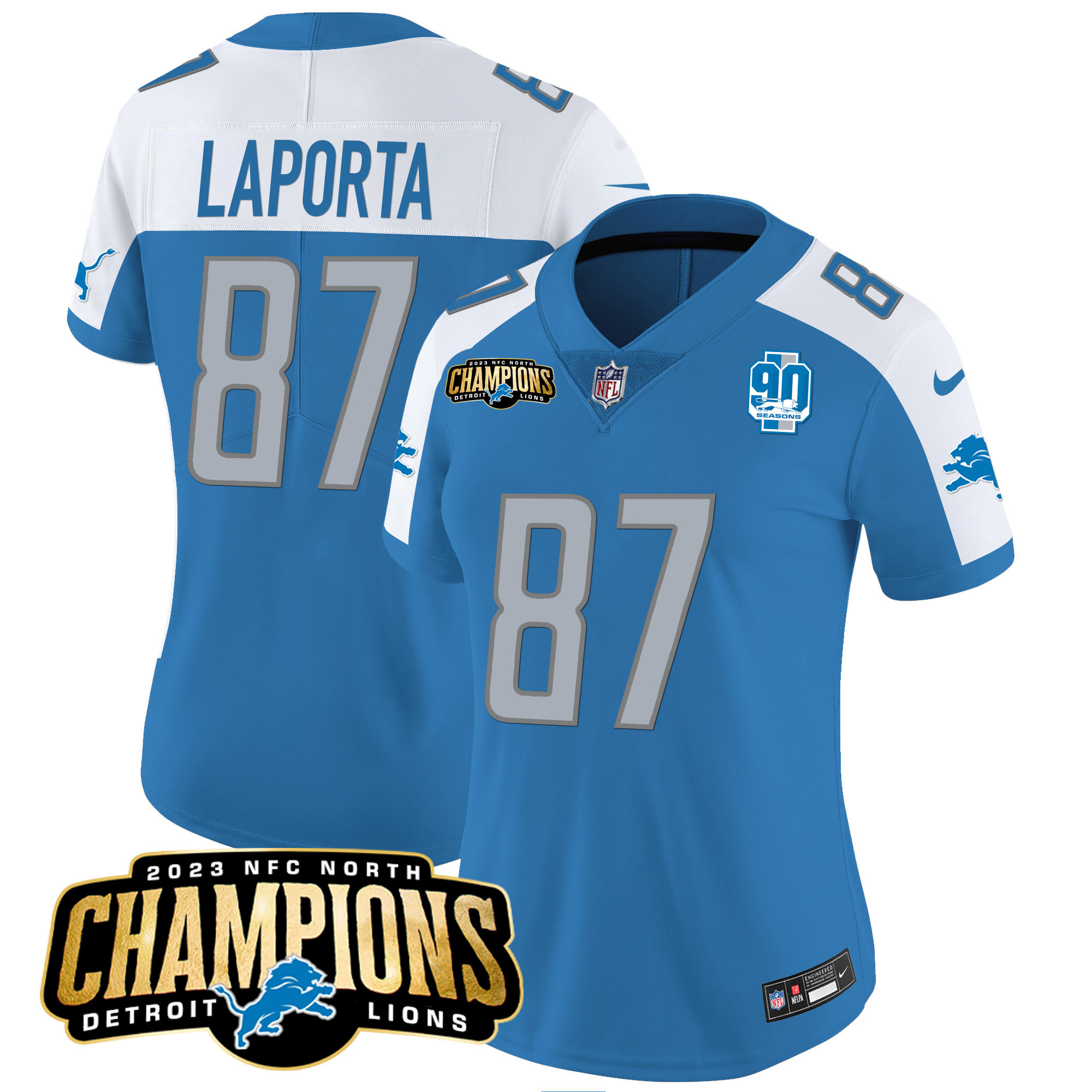 Sam Laporta Women's Detroit Lions 2023 NFC North Champions Patch Vapor Blue Alternate Jersey - All Stitched 