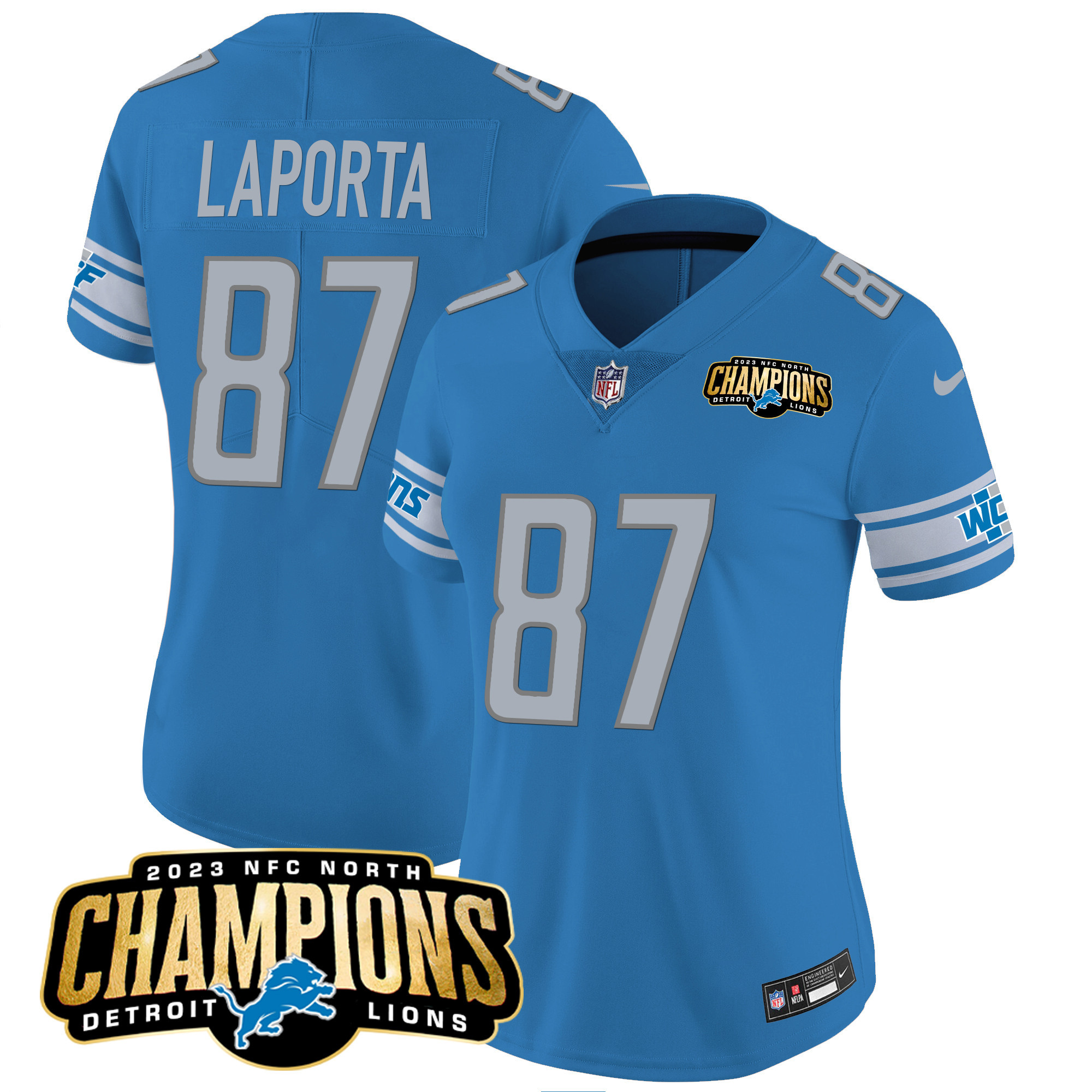 Sam Laporta Women's Detroit Lions 2023 NFC North Champions Patch Vapor Blue Jersey - All Stitched 