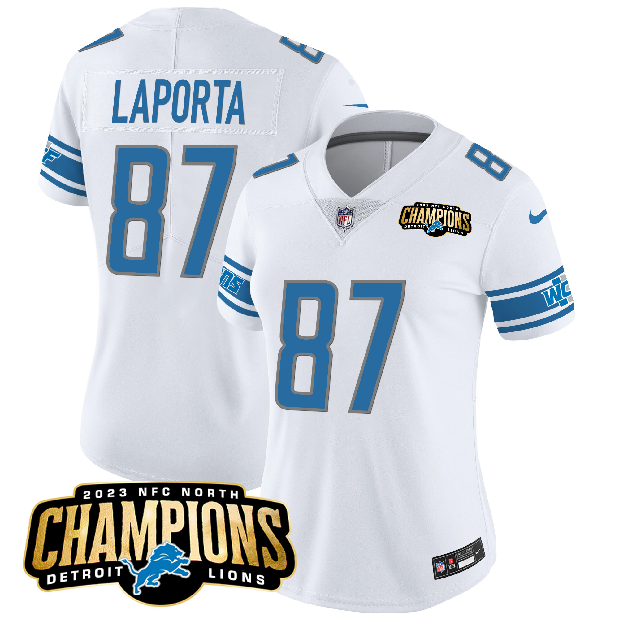 Sam Laporta Women's Detroit Lions 2023 NFC North Champions Patch Vapor White Jersey - All Stitched 