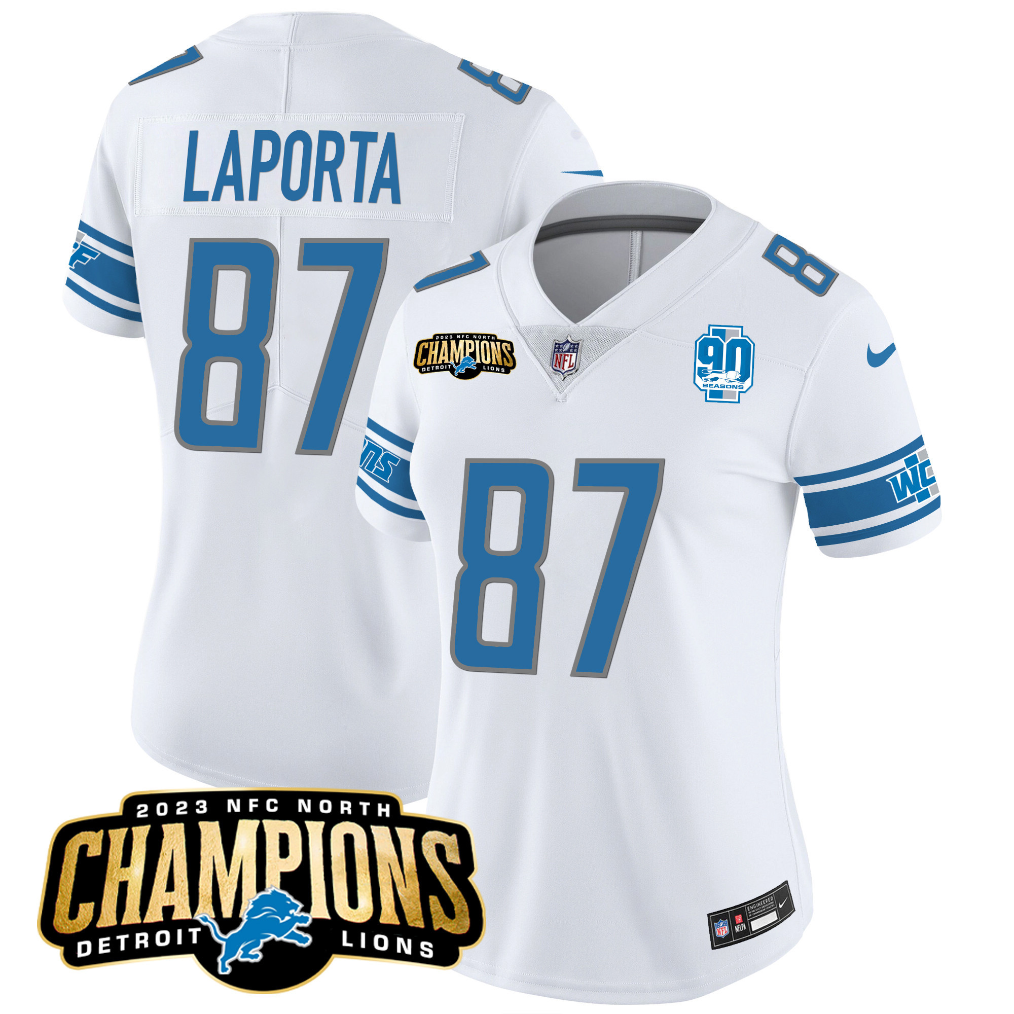 Sam Laporta Women's Detroit Lions 2023 NFC North Champions Patch Vapor White Jersey - All Stitched 