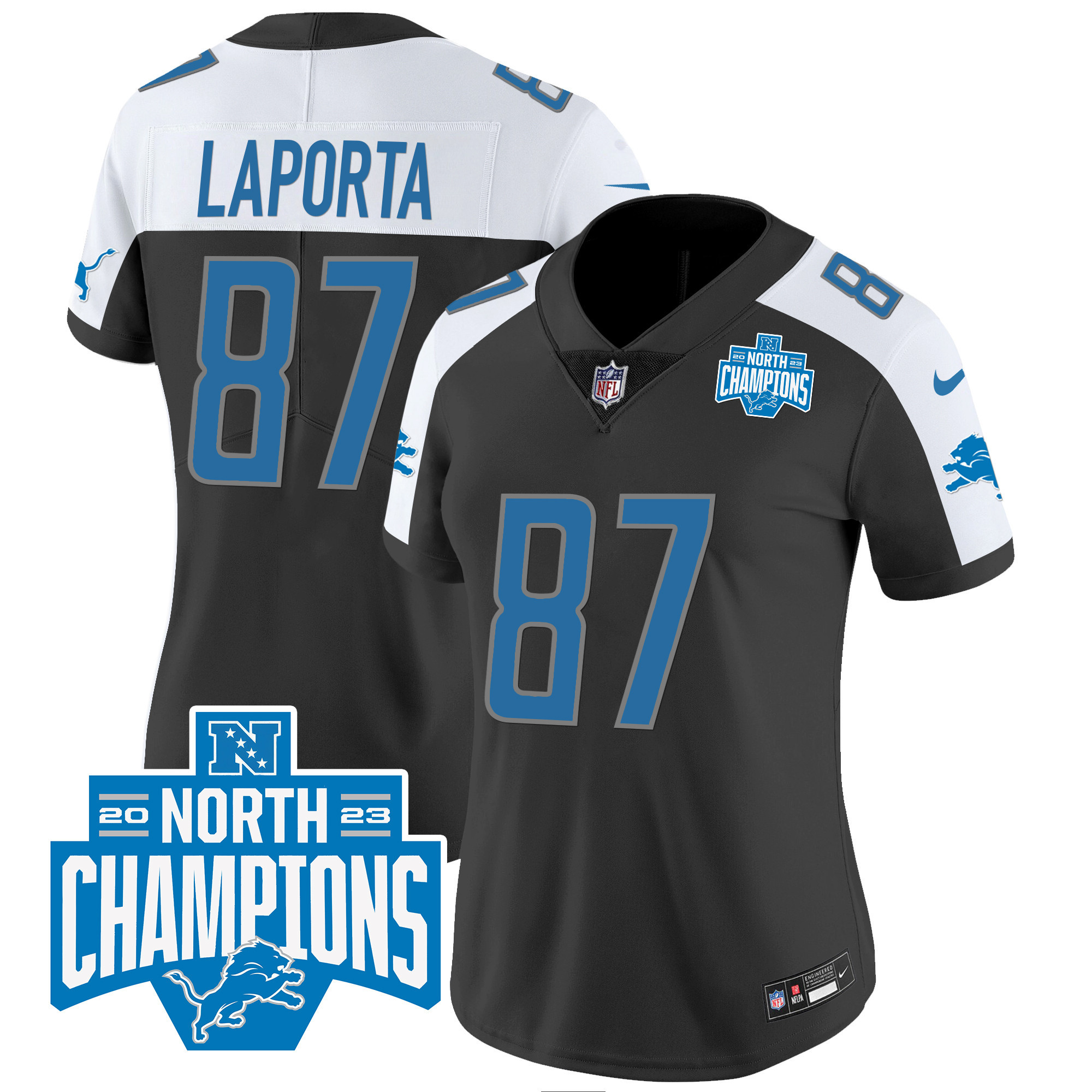 Sam Laporta Women's Detroit Lions 2023 NFC North Division Champions Patch Vapor Black Alternate Jersey - All Stitched 