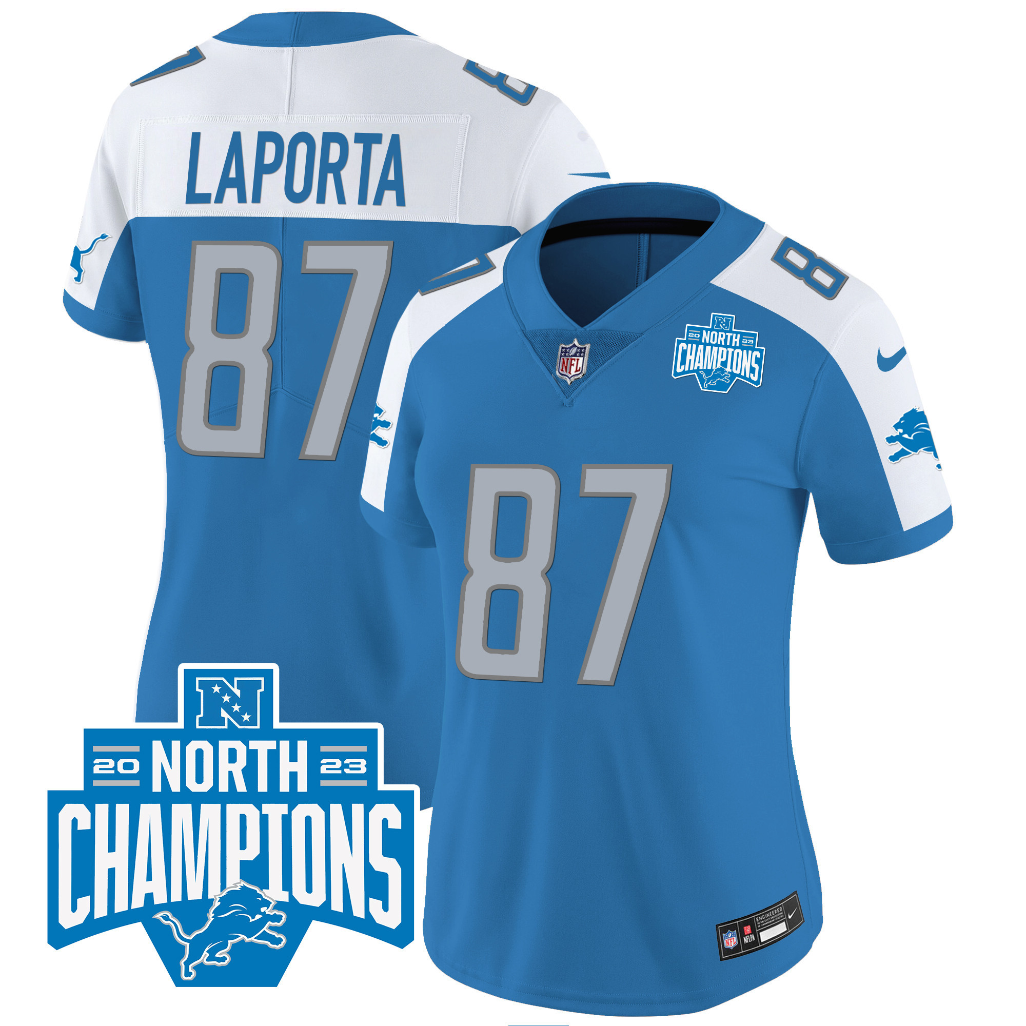 Sam Laporta Women's Detroit Lions 2023 NFC North Division Champions Patch Vapor Blue Alternate Jersey - All Stitched 