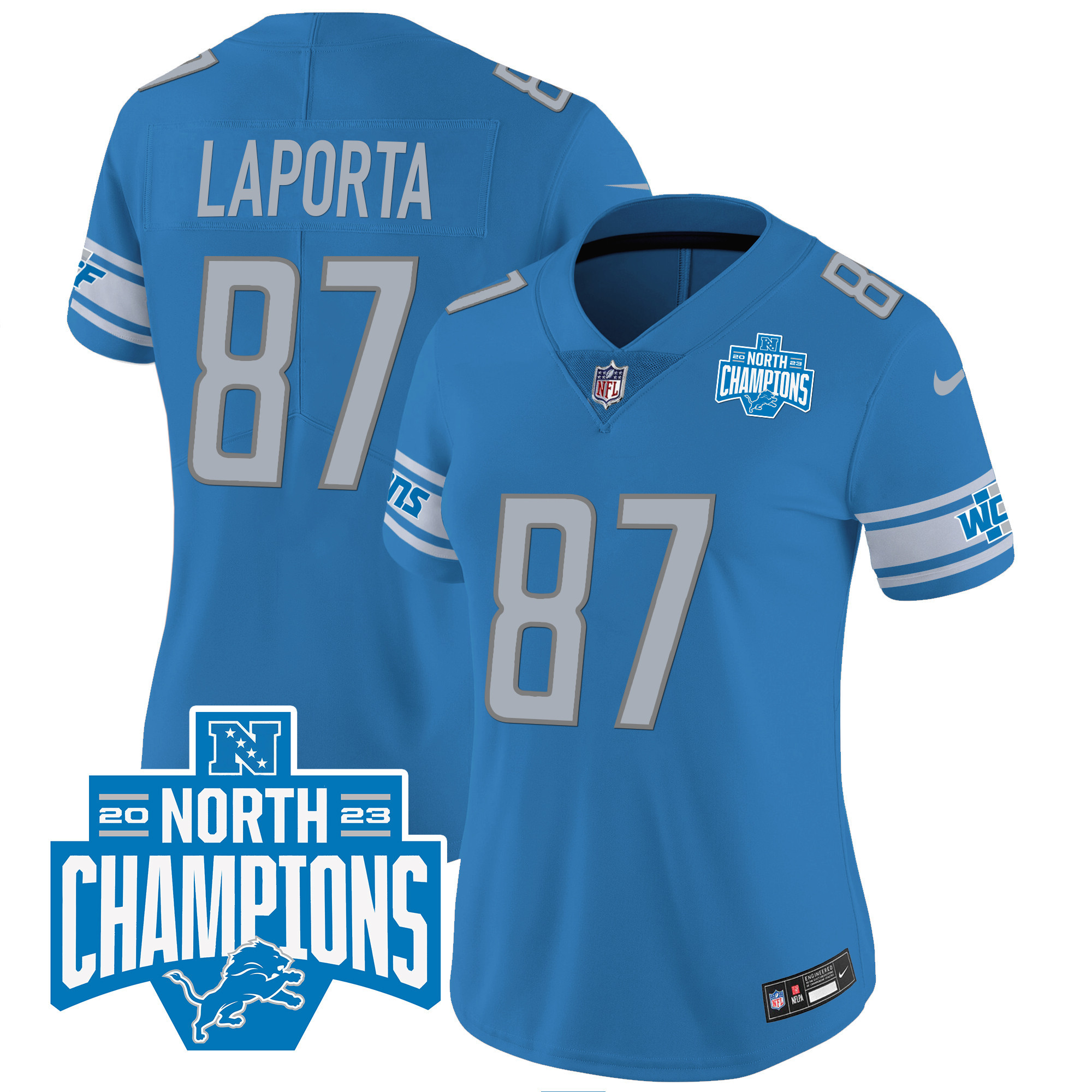 Sam Laporta Women's Detroit Lions 2023 NFC North Division Champions Patch Vapor Blue Jersey - All Stitched 