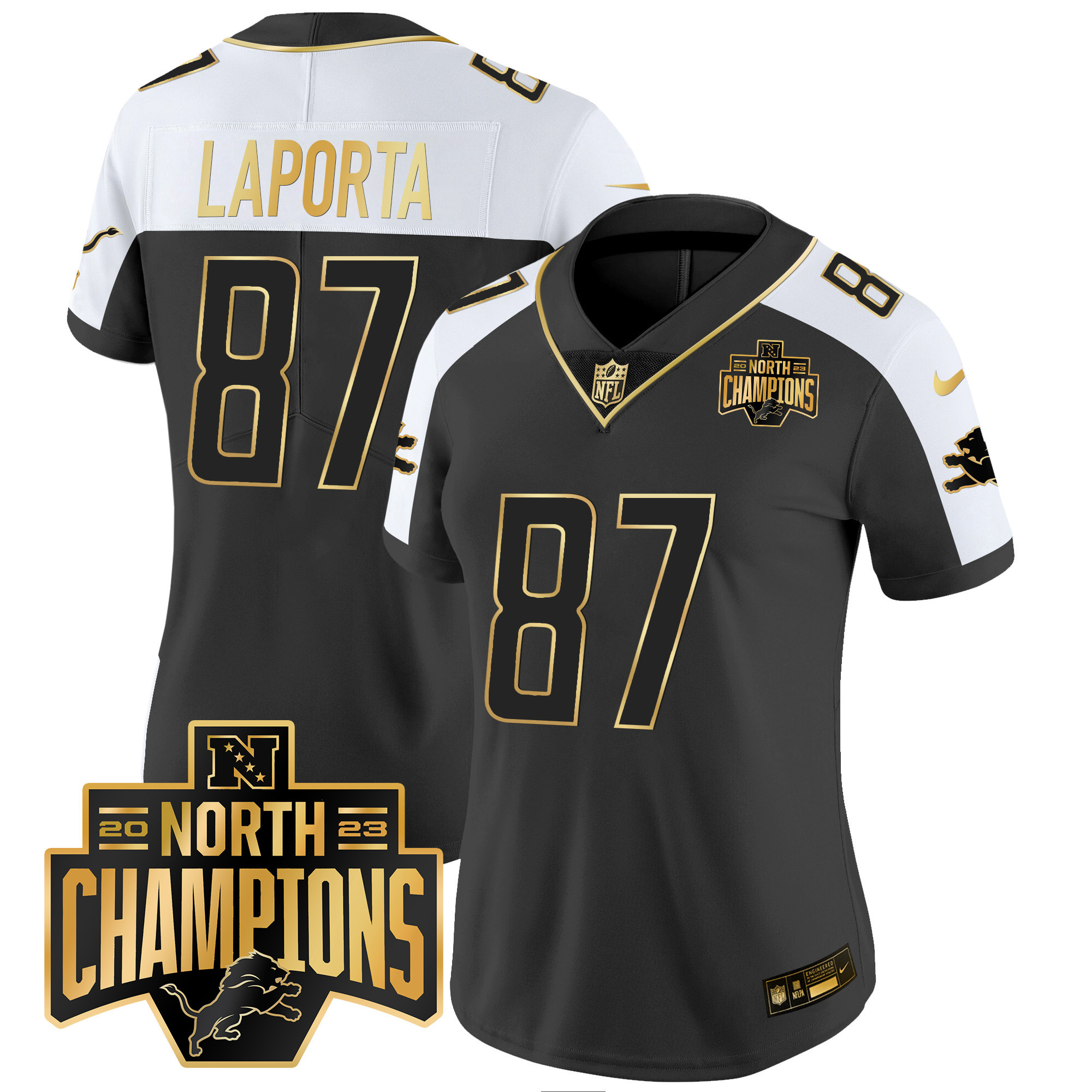 Sam Laporta Women's Detroit Lions 2023 NFC North Division Champions Patch Vapor Gold Alternate Jersey - All Stitched 