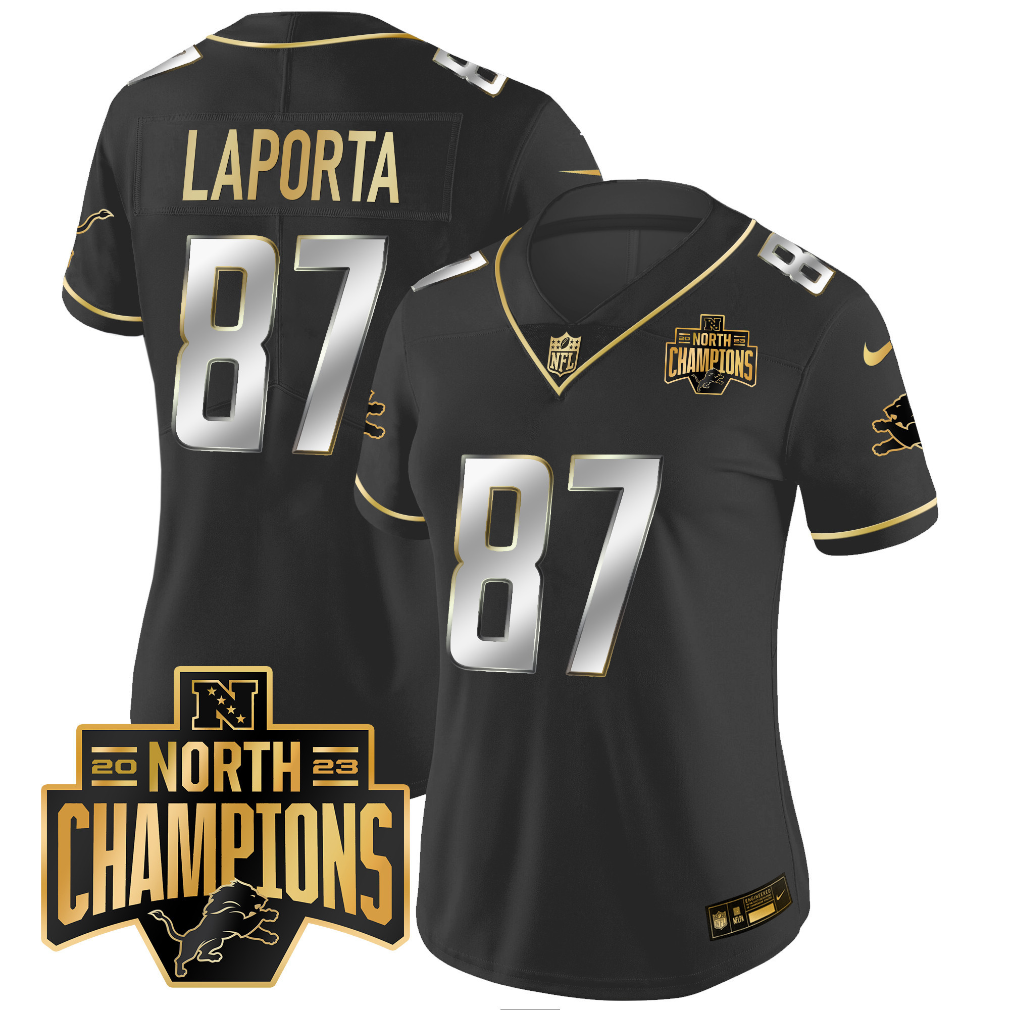 Sam Laporta Women's Detroit Lions 2023 NFC North Division Champions Patch Vapor Gold Black Limited Jersey - All Stitched 