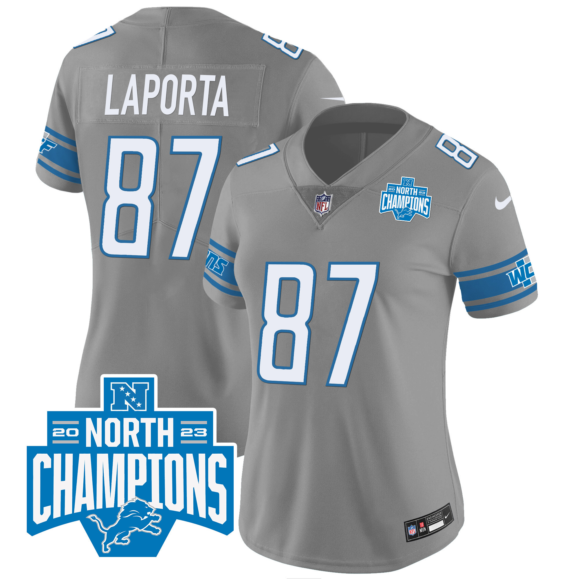 Sam Laporta Women's Detroit Lions 2023 NFC North Division Champions Patch Vapor Gray Jersey - All Stitched 
