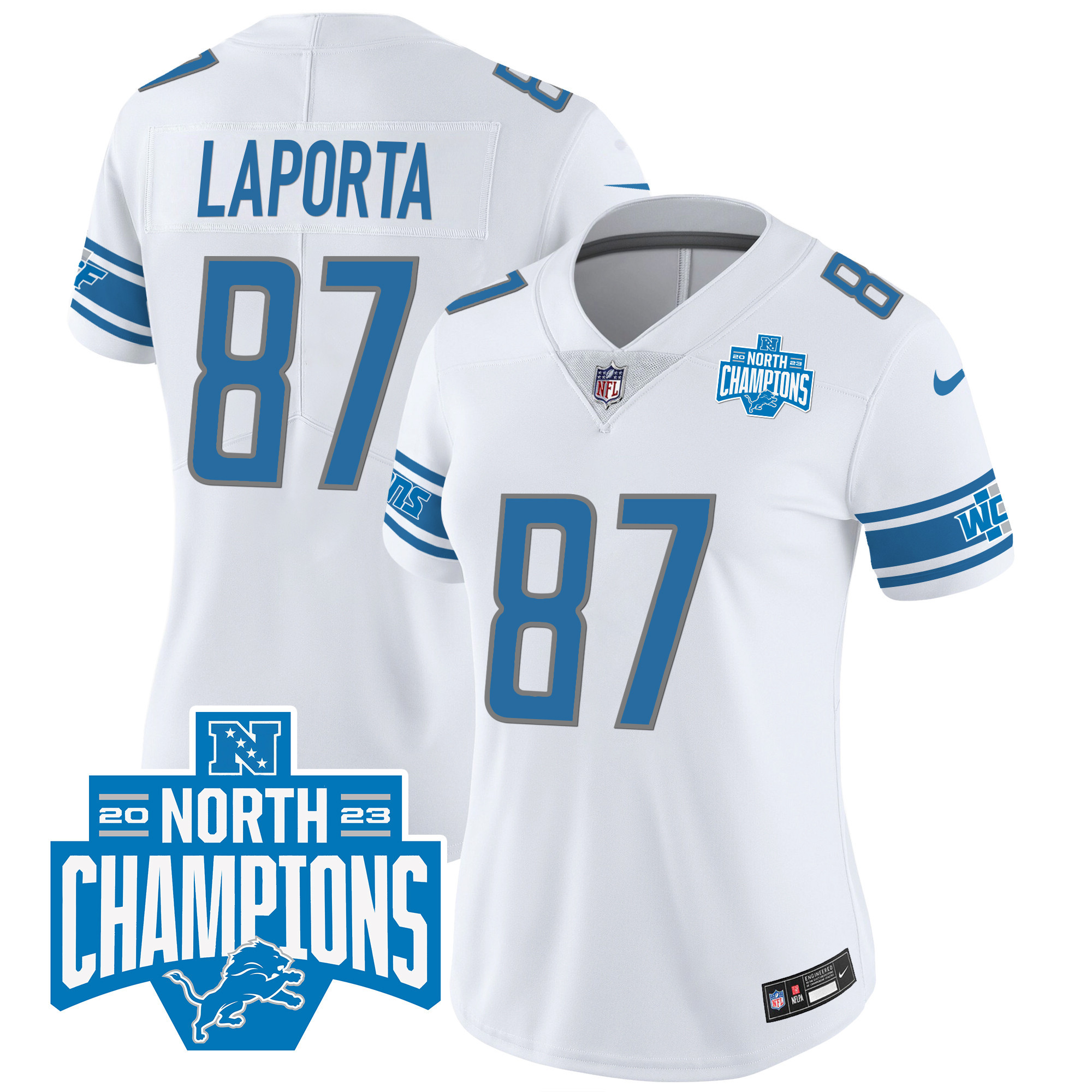 Sam Laporta Women's Detroit Lions 2023 NFC North Division Champions Patch Vapor White Jersey - All Stitched 