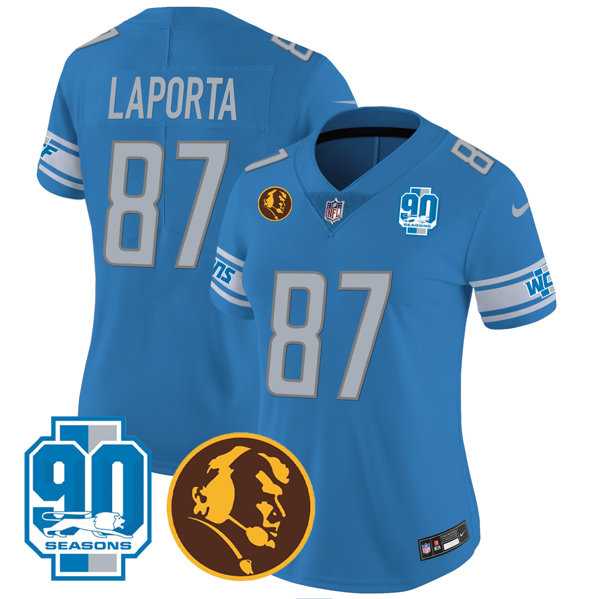 Sam Laporta Women's Detroit Lions 90th & John Madden Patch Blue Jersey - All Stitched 