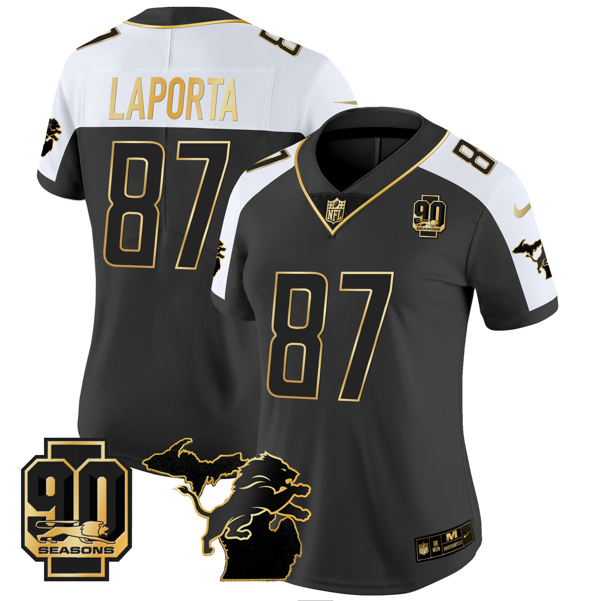 Sam Laporta Women's Detroit Lions 90th Year & Michigan Patch Gold Vapor Alternate Jersey - All Stitched 