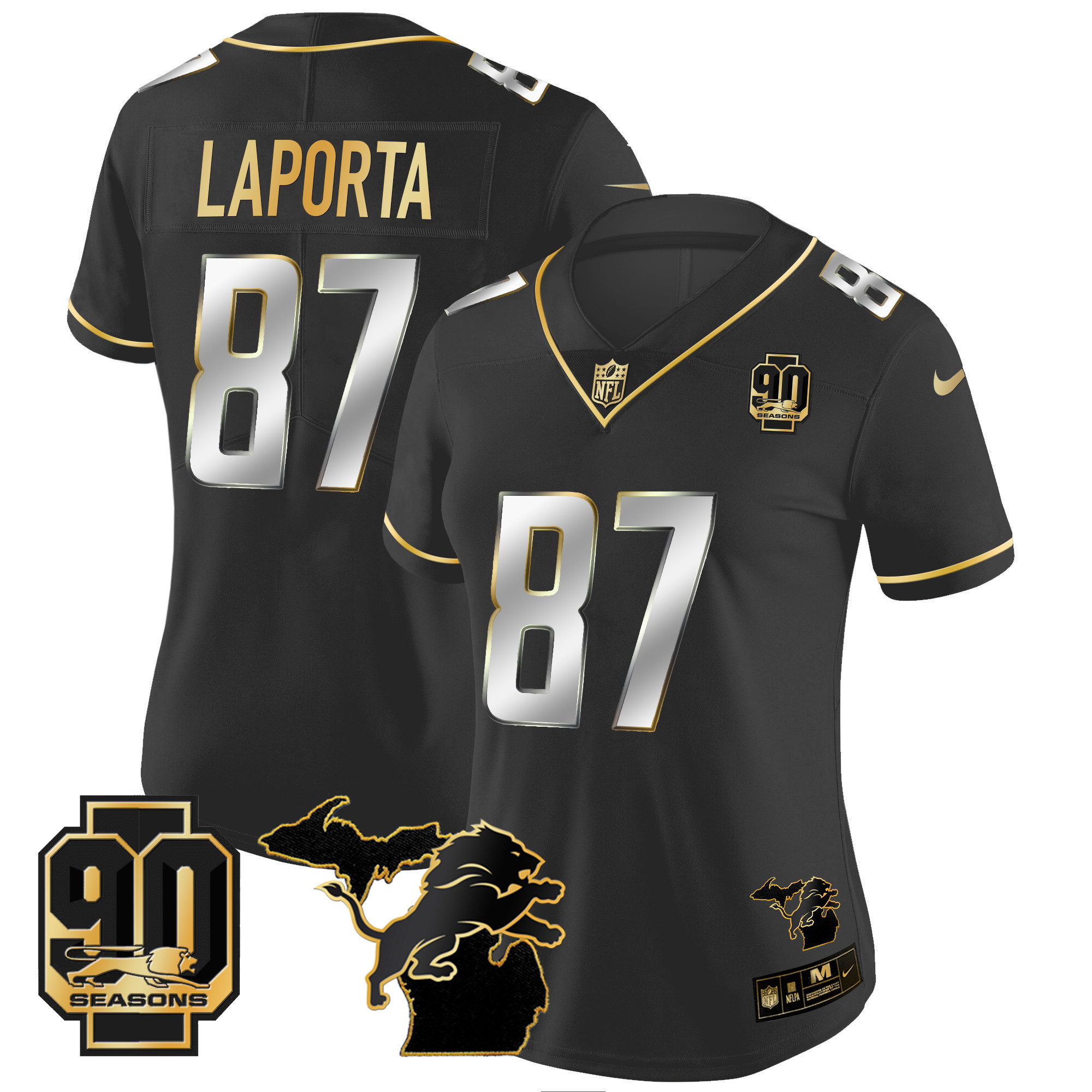 Sam Laporta Women's Detroit Lions 90th Year & Michigan Patch Gold Vapor Black Limited Jersey - All Stitched 
