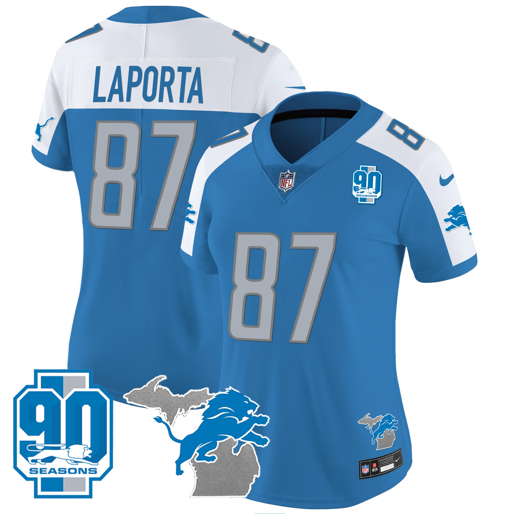 Sam Laporta Women's Detroit Lions 90th Year & Michigan Patch Vapor Blue Alternate Jersey - All Stitched 