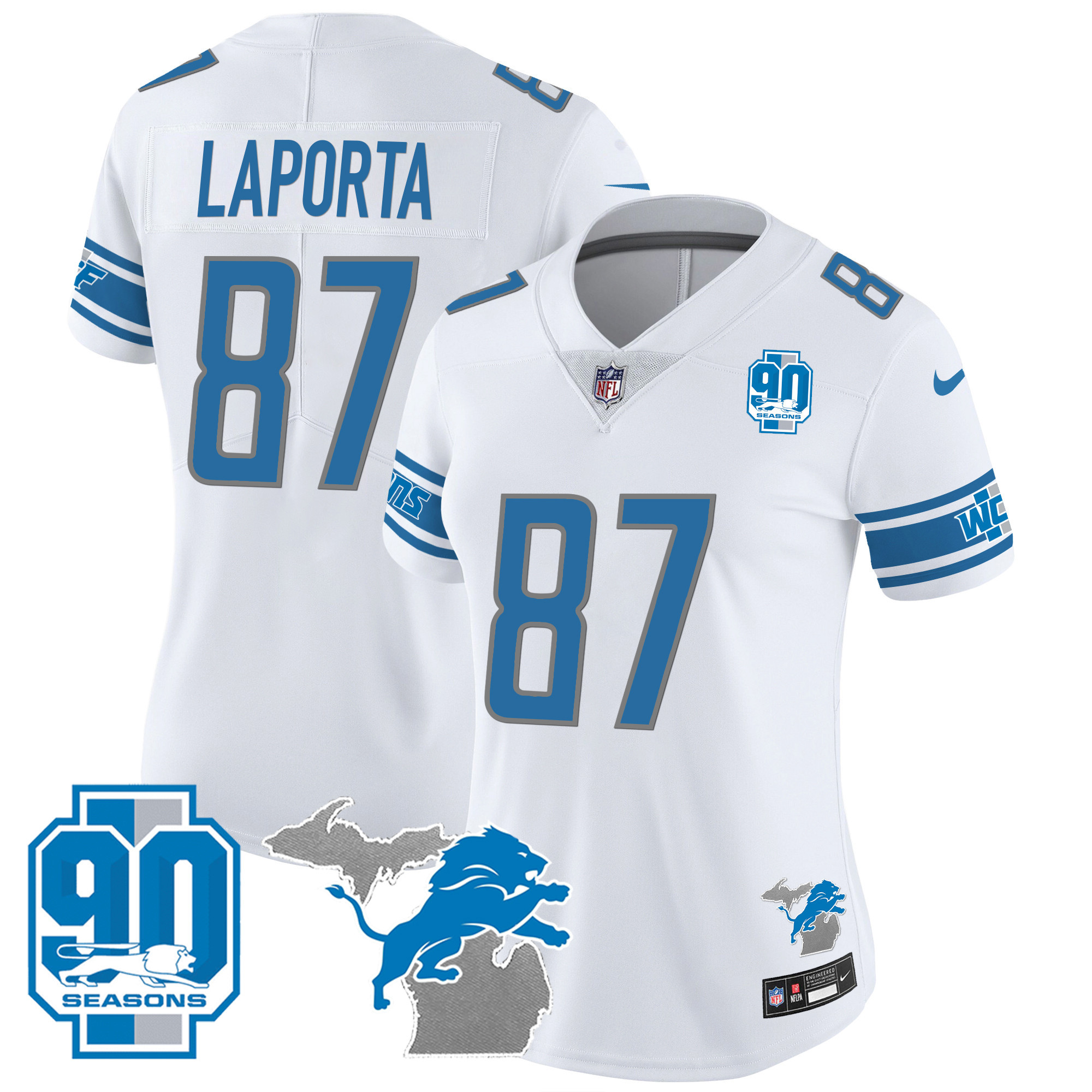 Sam Laporta Women's Detroit Lions 90th Year & Michigan Patch Vapor White Jersey - All Stitched 